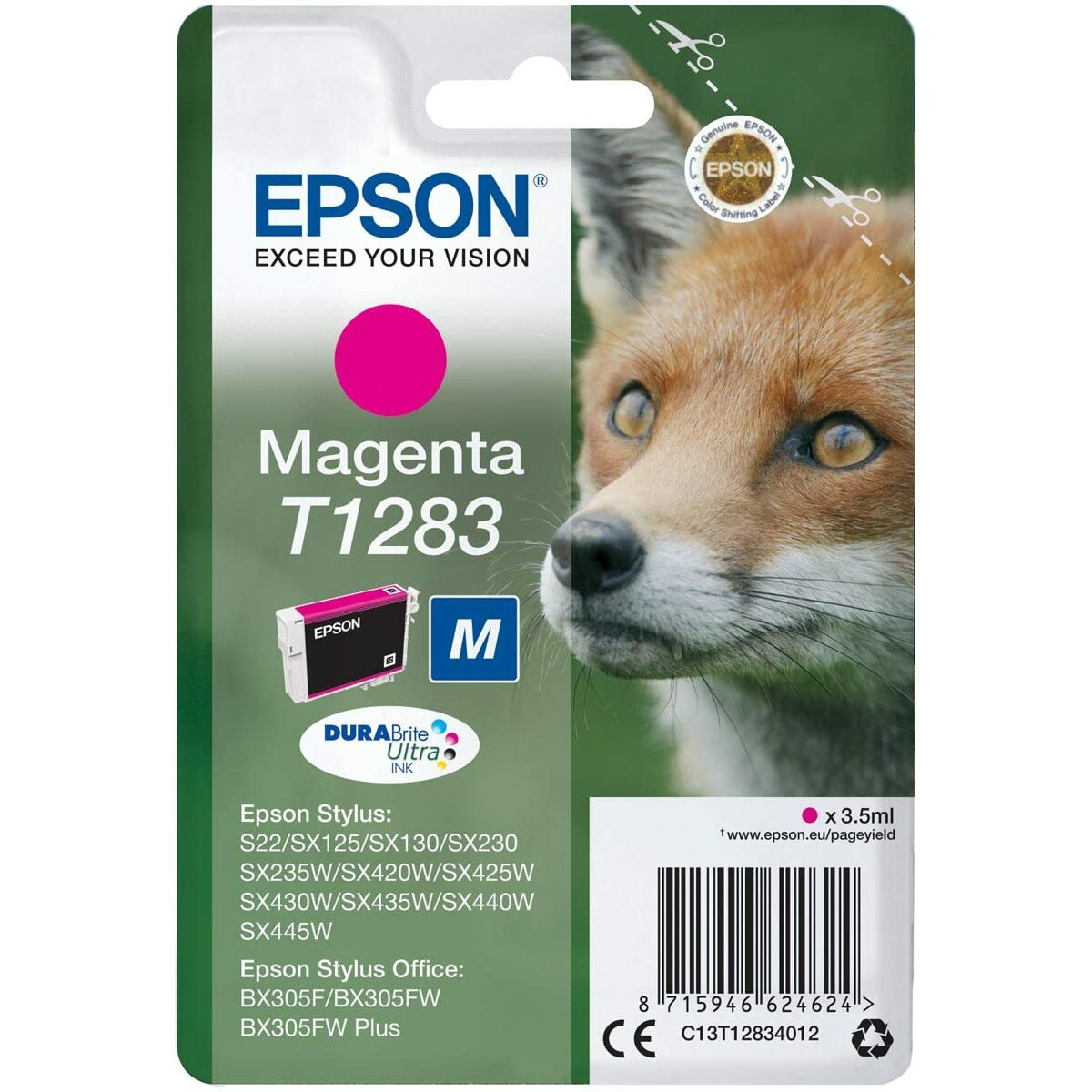 Cartuccia d'inchiostro magenta Epson con una volpe, modello T1283, con dettagli del prodotto e indicatore di colore magenta.