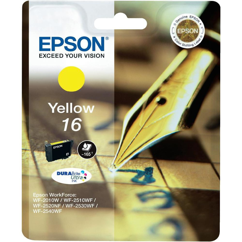 Cartuccia d'inchiostro giallo Epson con una penna, modello 16, con dettagli del prodotto e indicatore di colore giallo.