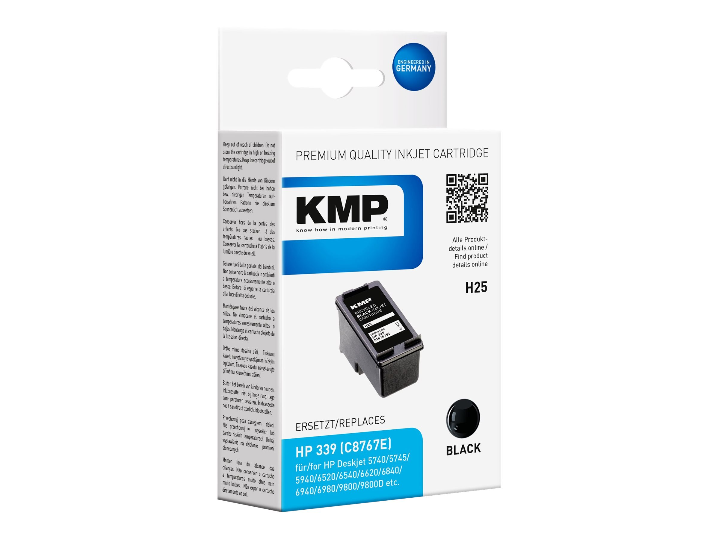 Cartuccia d'inchiostro nero KMP per stampanti HP Deskjet 5740/5745, con dettagli del prodotto e loghi del marchio.