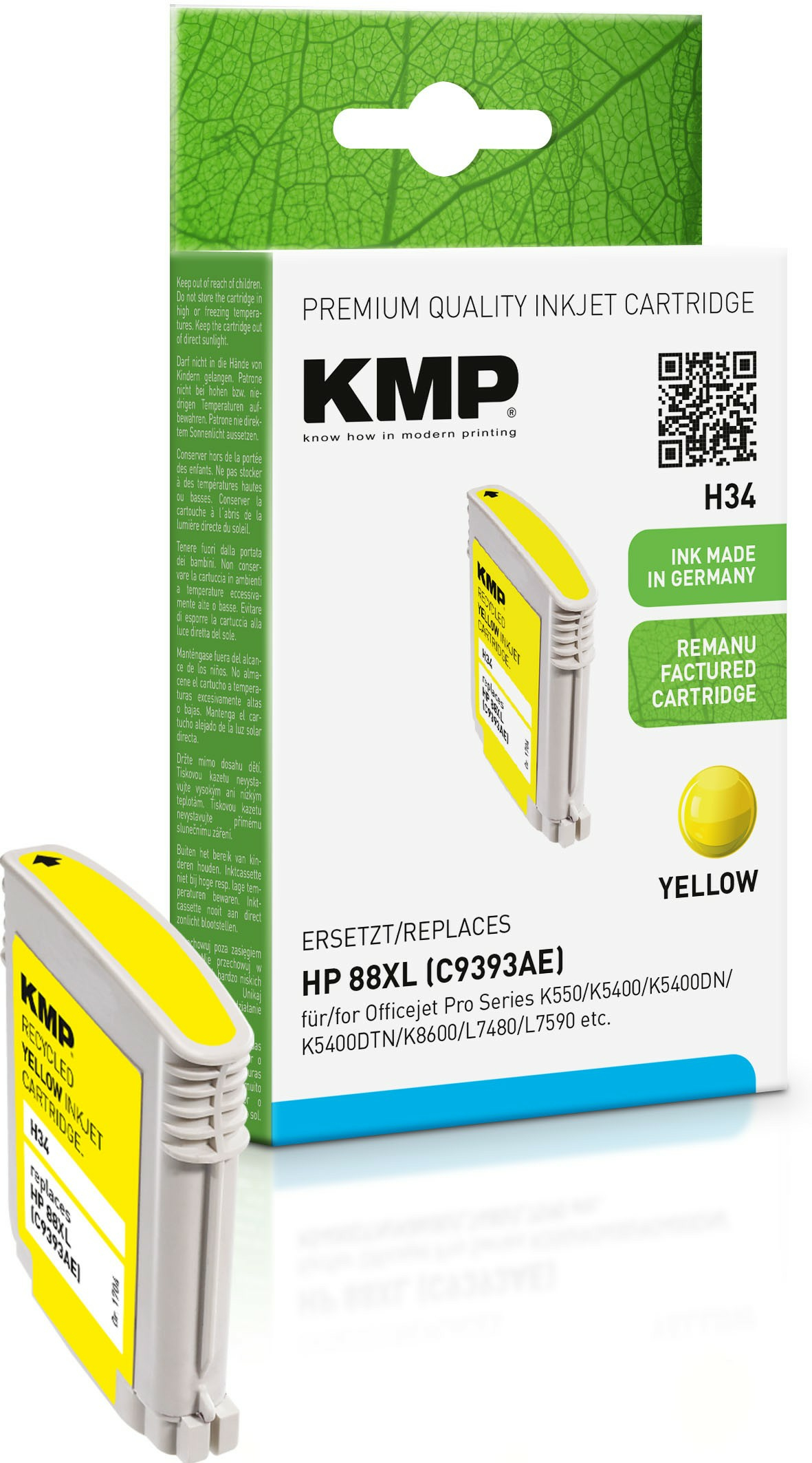 Cartuccia d'inchiostro riciclata giallo KMP per stampanti Officejet Pro Serie K550, con dettagli del prodotto e loghi del marchio.