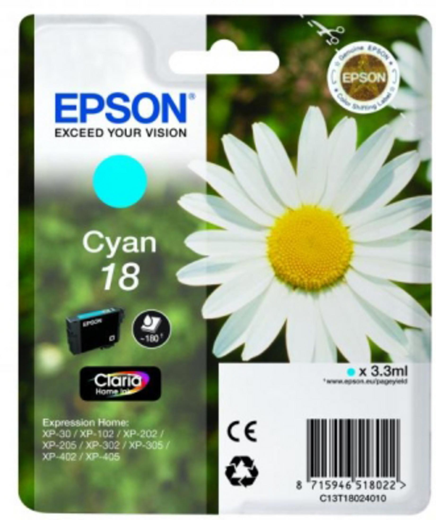 Confezione di cartucce d'inchiostro ciano Epson con immagine di margherita, sfondo bianco.