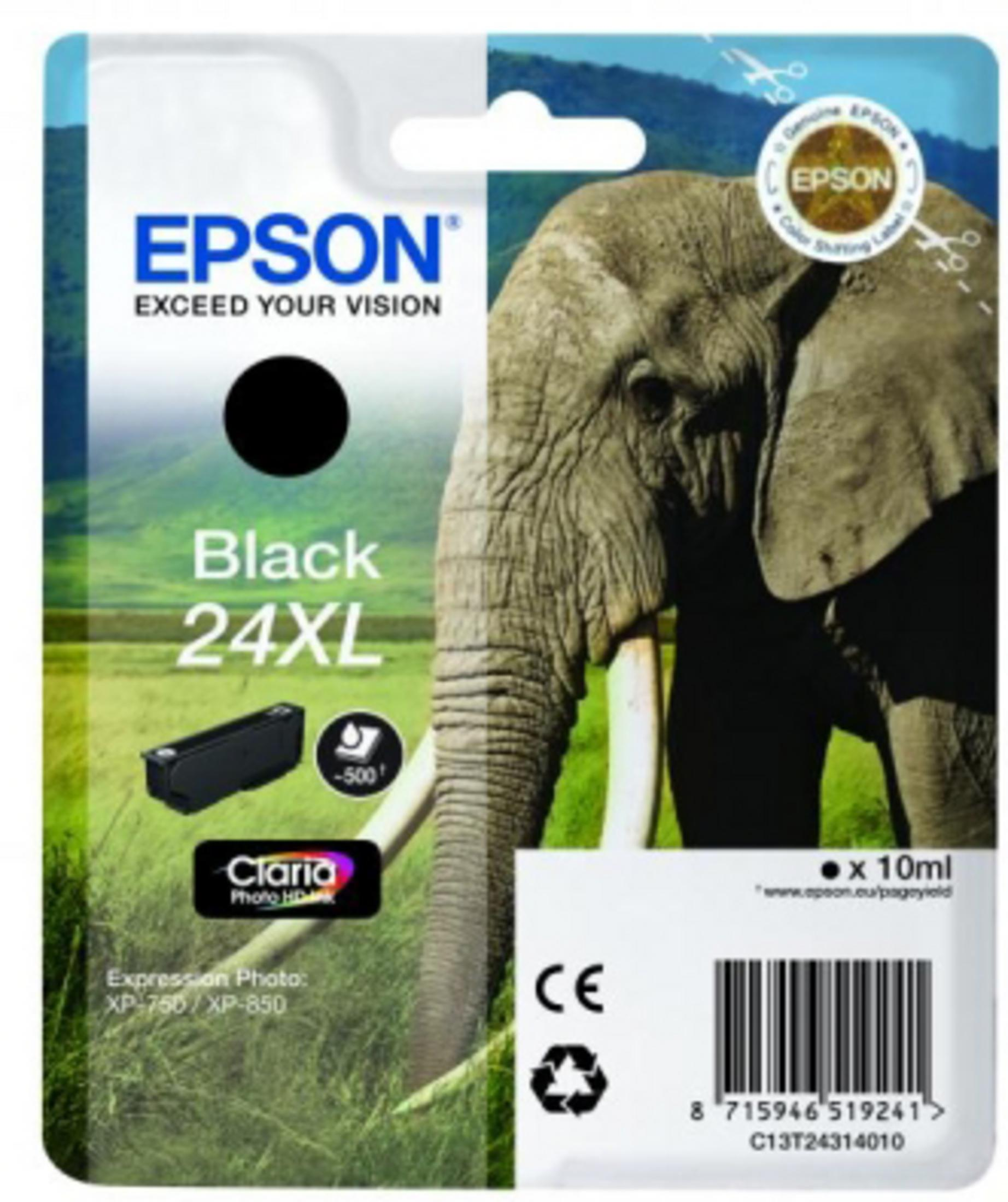Scatola della cartuccia d'inchiostro Epson. Inchiostro nero, 24XL. Un elefante è sul lato destro della scatola.