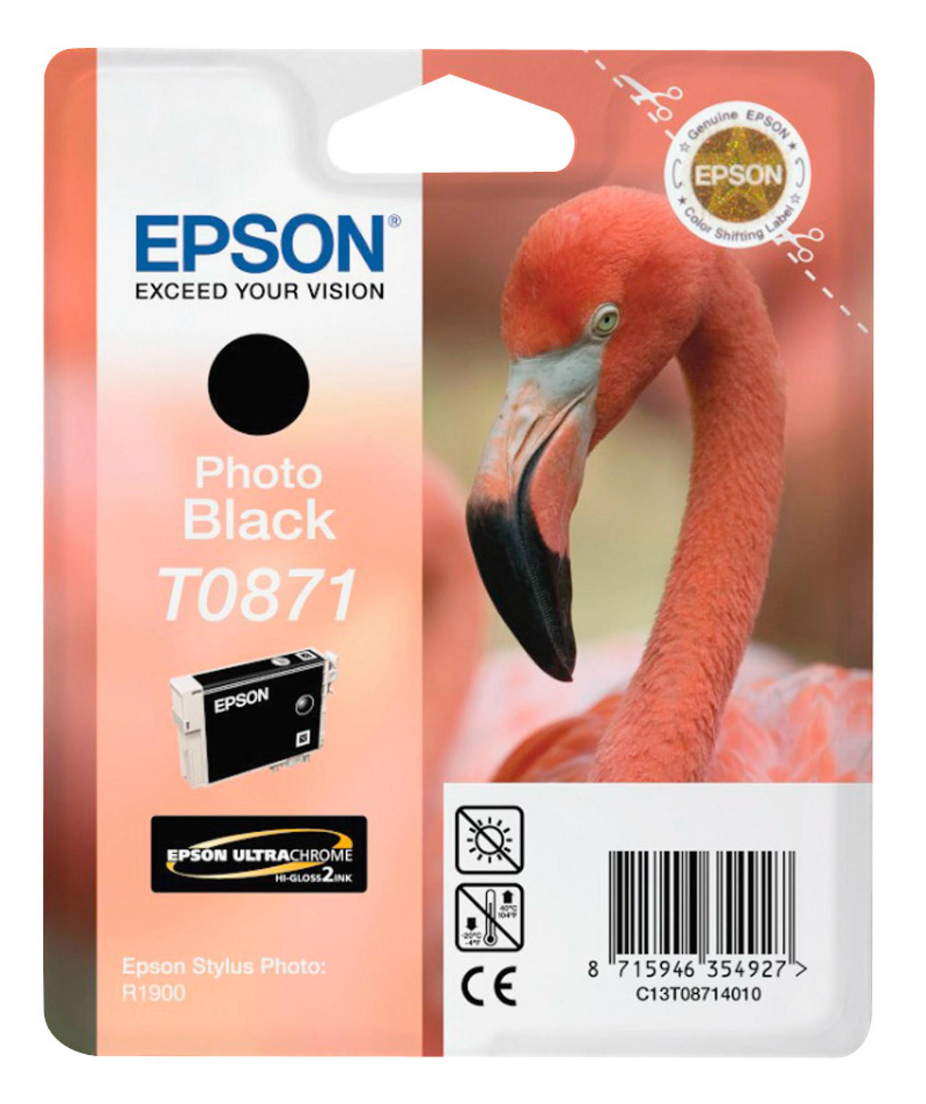 Epson Photo Black T0871 Tintenpatrone. Flamingo-Grafik auf der Verpackung. Weiße Tintenpatrone links unten.