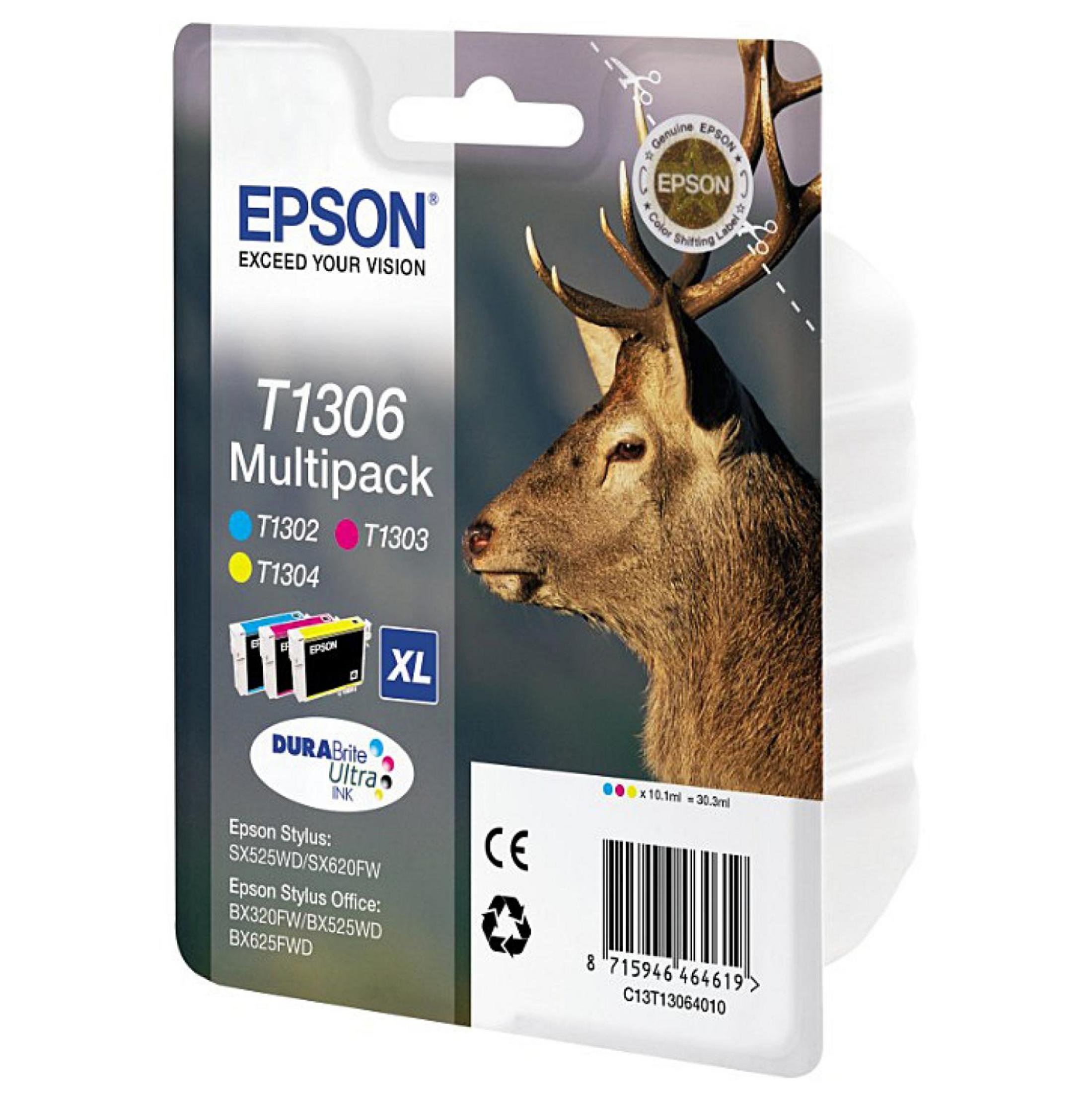 Epson T1306 Multipack Tintenpatrone. Hirsch-Grafik. Mehrfarbige Tintenpatronen sind unten links.