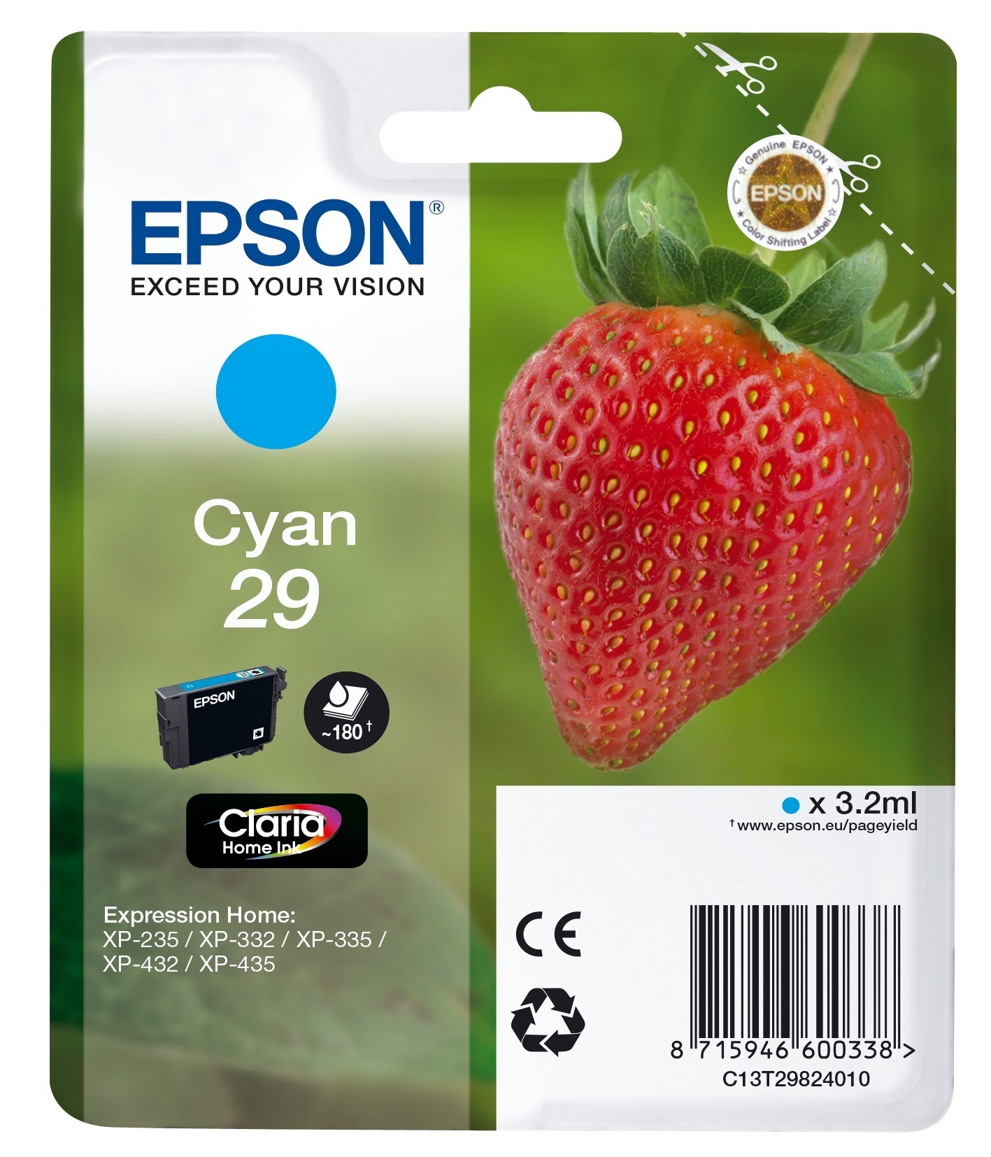 Epson Cyan 29 inktcartridge. Rode aardbei-afbeelding. Cyaan inktcartridge. Witte achtergrond.