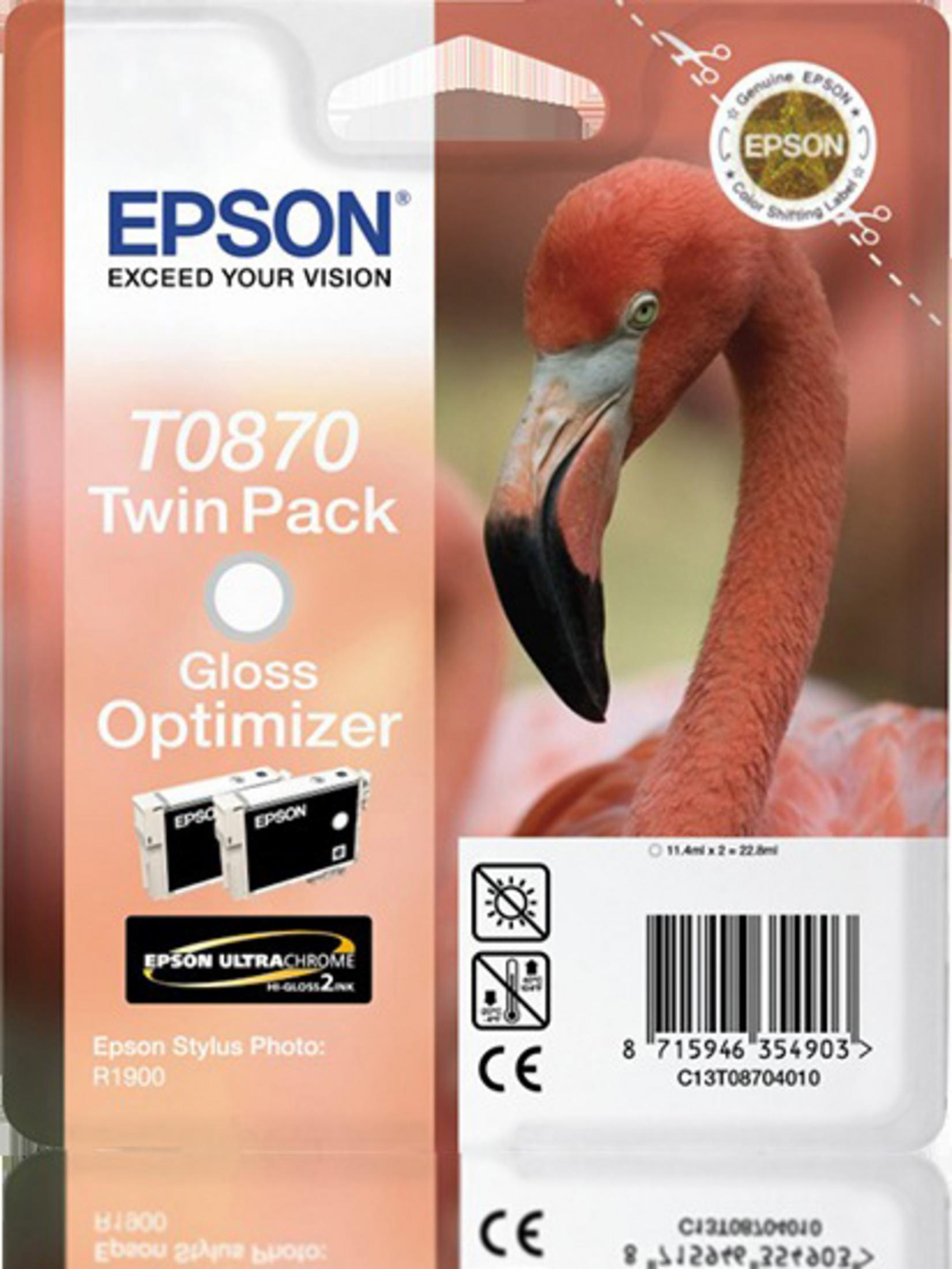 Cartucce d'inchiostro Epson T0870 Twin Pack. La scatola presenta un'immagine di un fenicottero. Contiene due cartucce.