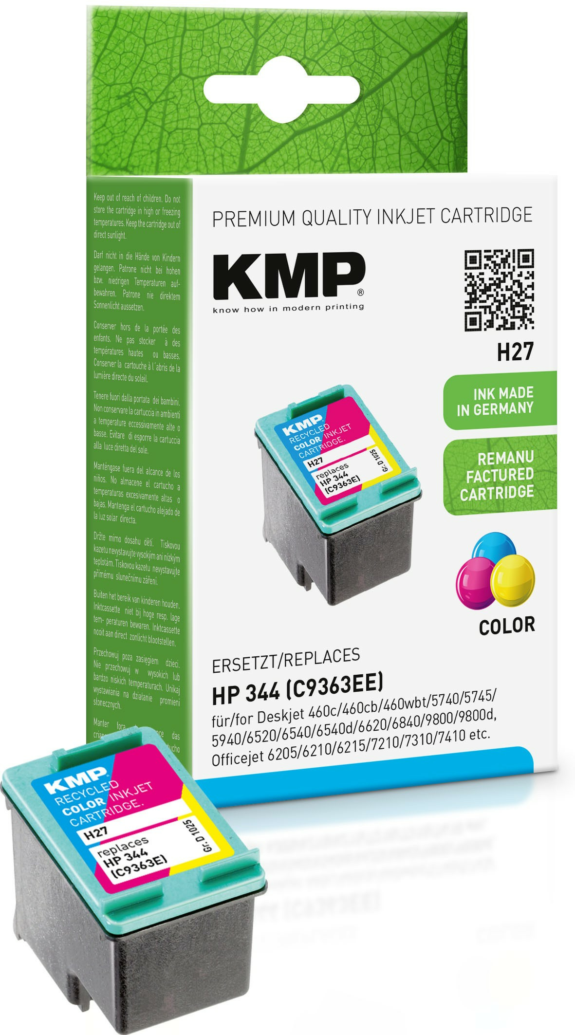 Scatola di cartucce a getto d'inchiostro KMP. Cartuccia a colori. La cartuccia è nera, ciano, magenta e gialla. Il testo dice 'H27'.