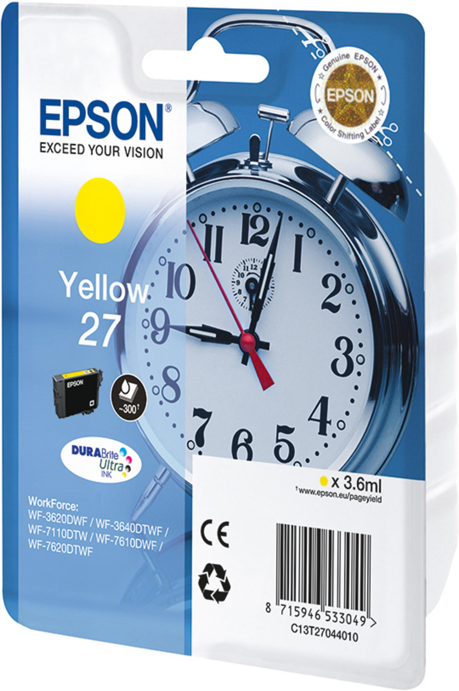 Epson Gelb 27 Tintenpatronenverpackung. Gelbe Patrone mit einer Wecker-Illustration. Text: Gelb 27.