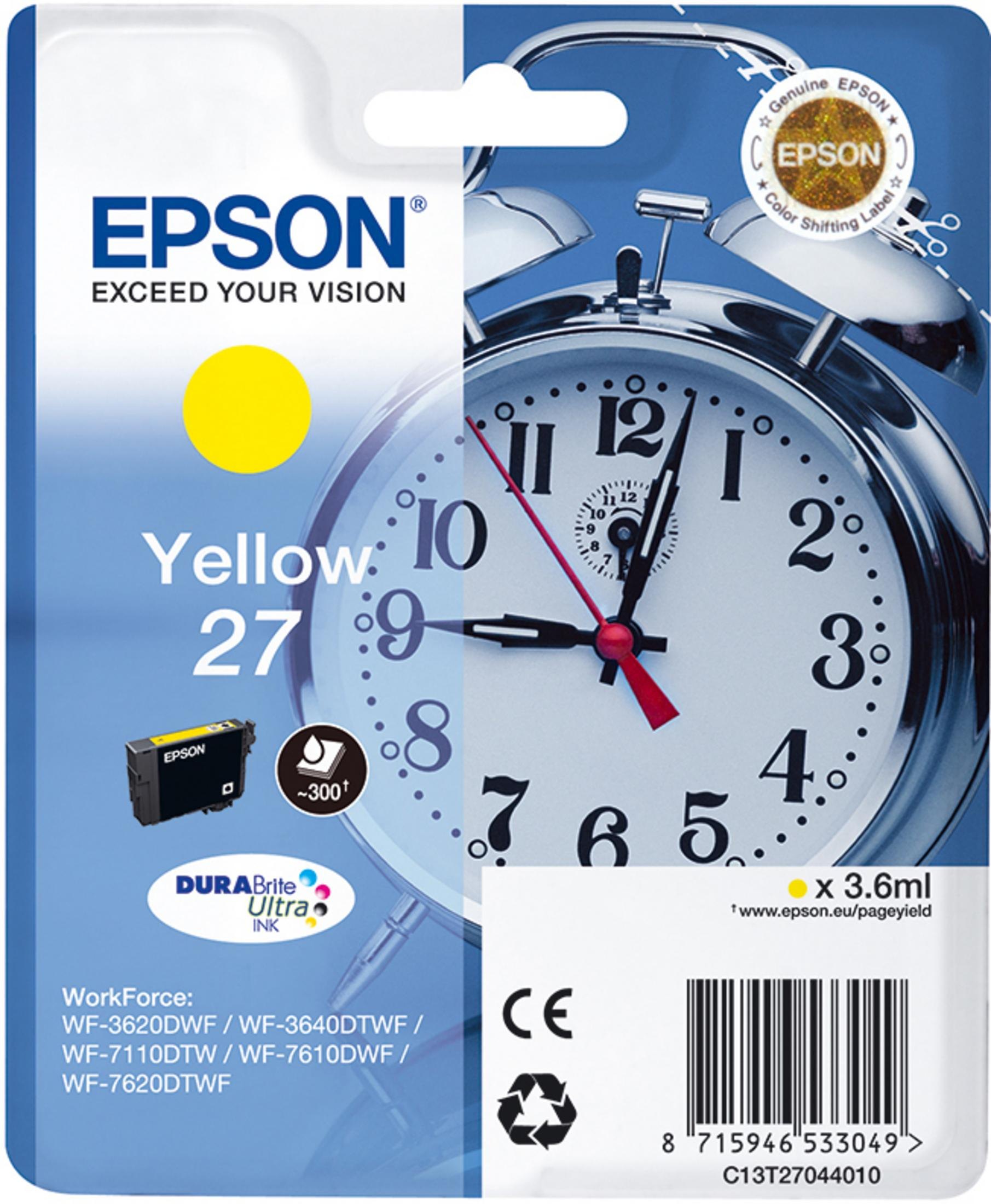 Epson Yellow 27 Tintenpatrone mit Zifferblatt-Hintergrund. Der Text lautet 'Gelb' und '27'.
