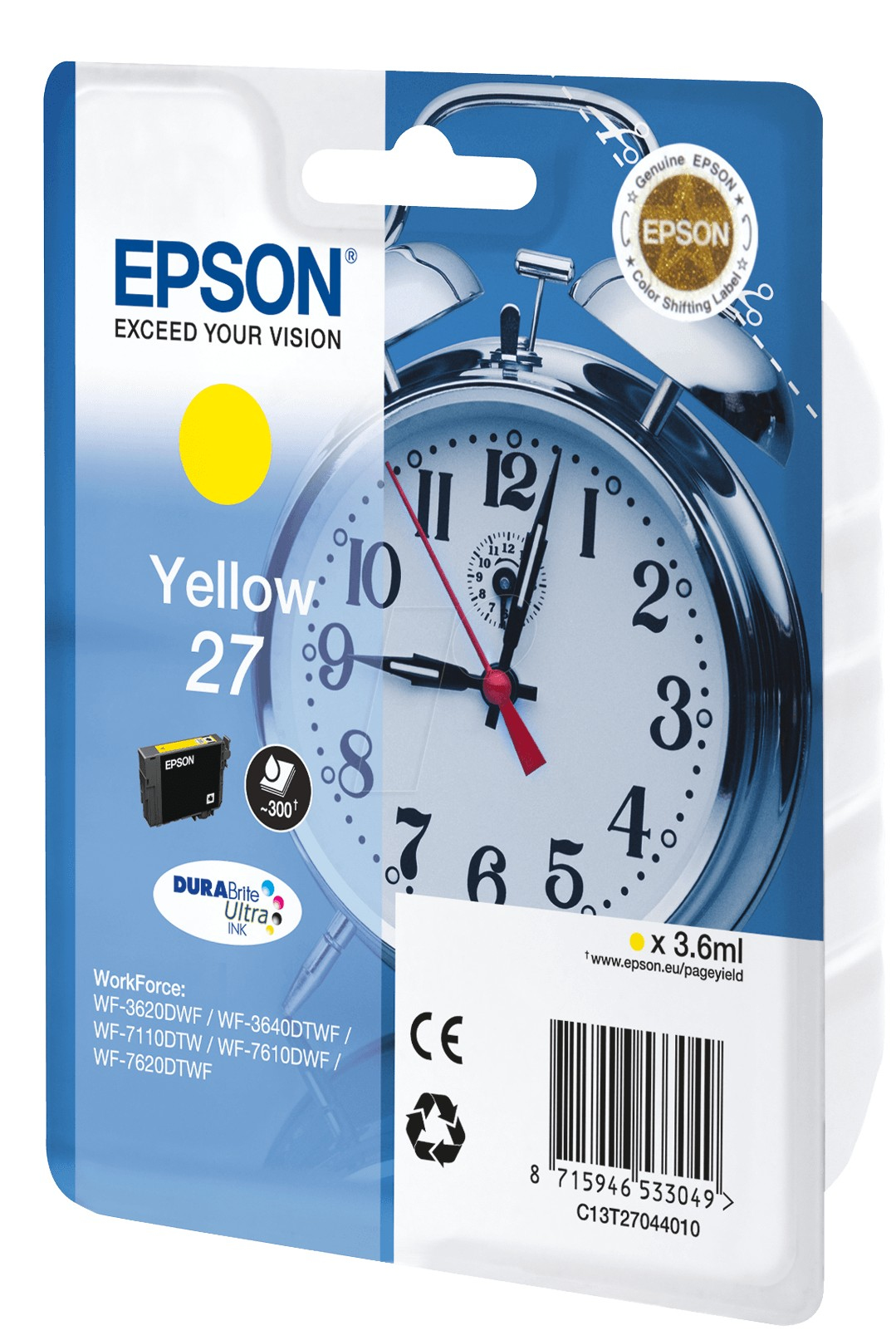 Epson Gelb 27 Tintenpatronenverpackung. Gelbe Patrone mit einer Wecker-Illustration. Text: Gelb 27.