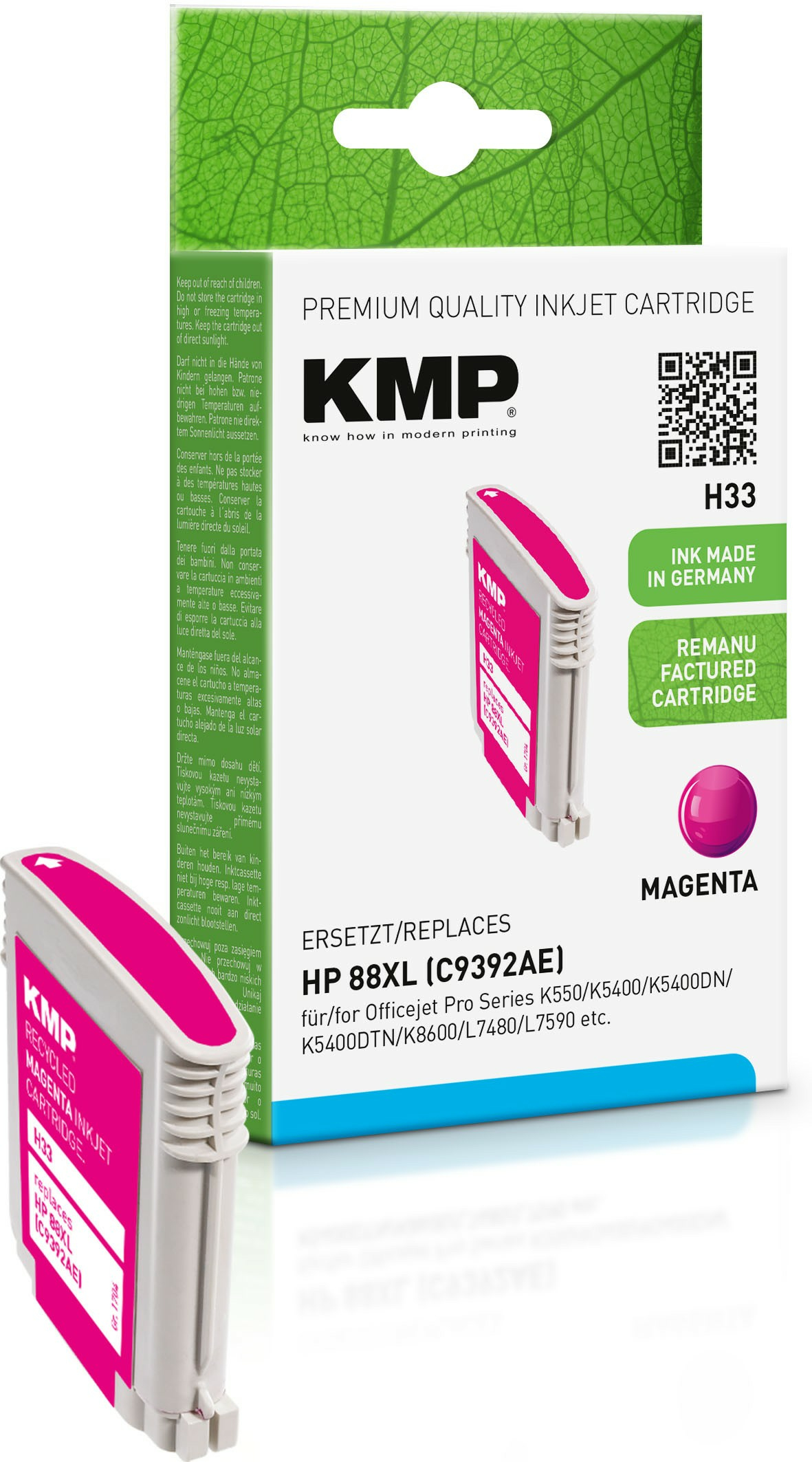 Una cartuccia d'inchiostro magenta KMP, con la scatola che mostra una cartuccia magenta e testo.