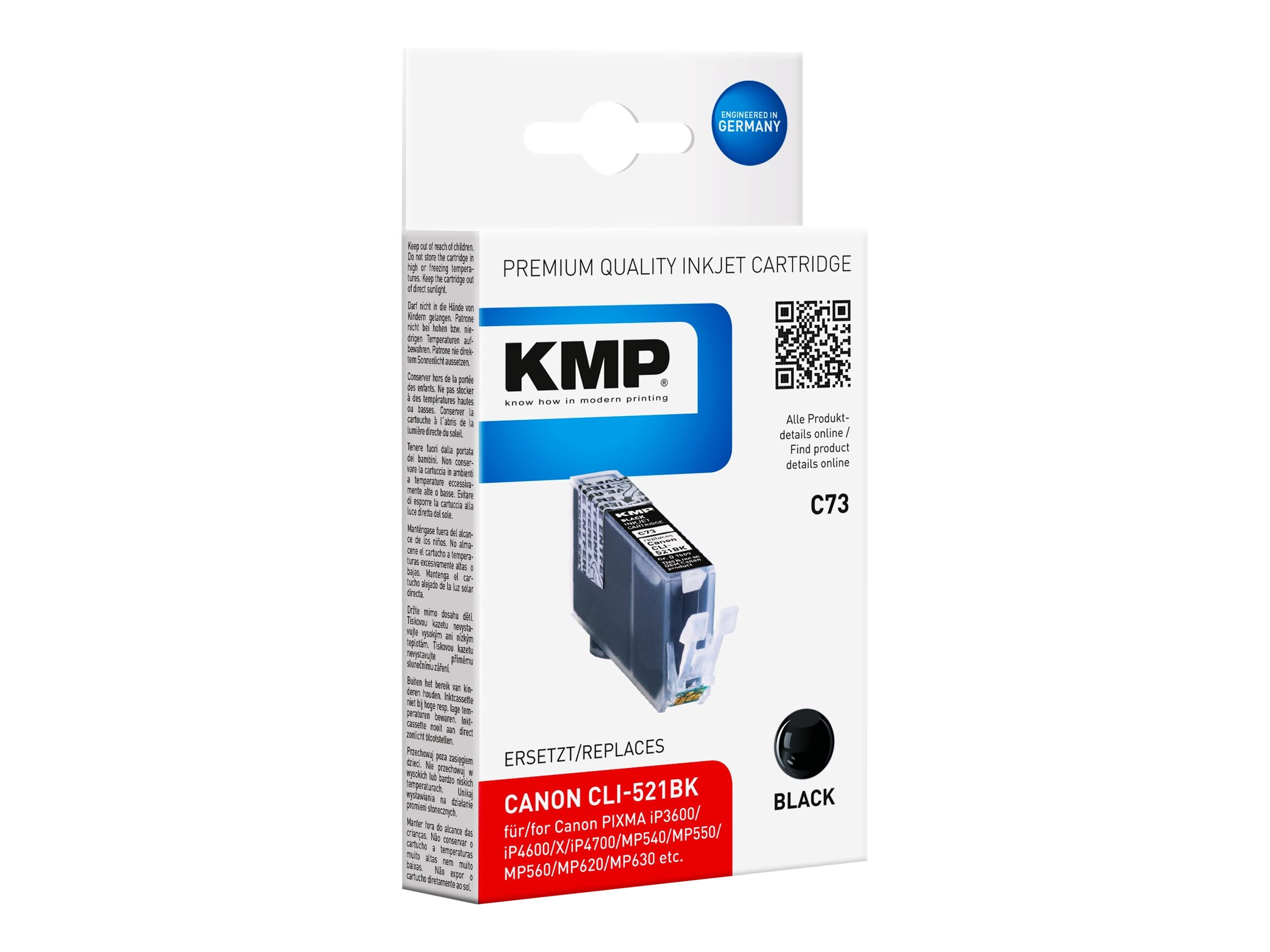 Scatola di cartucce a getto d'inchiostro con cartuccia nera. Marchio KMP, modello C73, compatibile con Canon CLI-521BK.