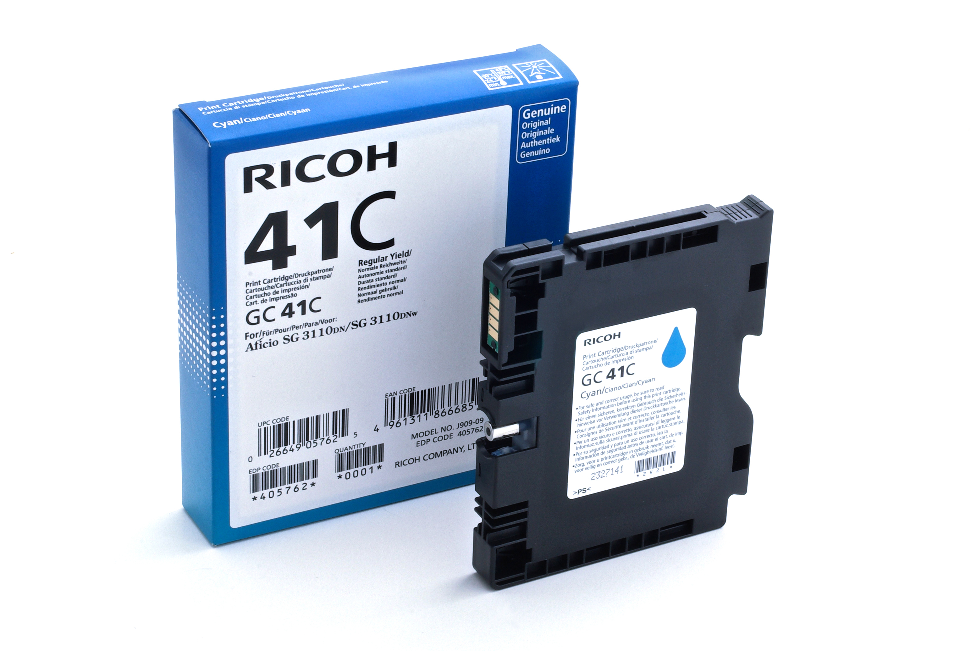 Een cyaan Ricoh 41C inktcartridge doos en cartridge op een witte ondergrond. De doos leest GC41C.