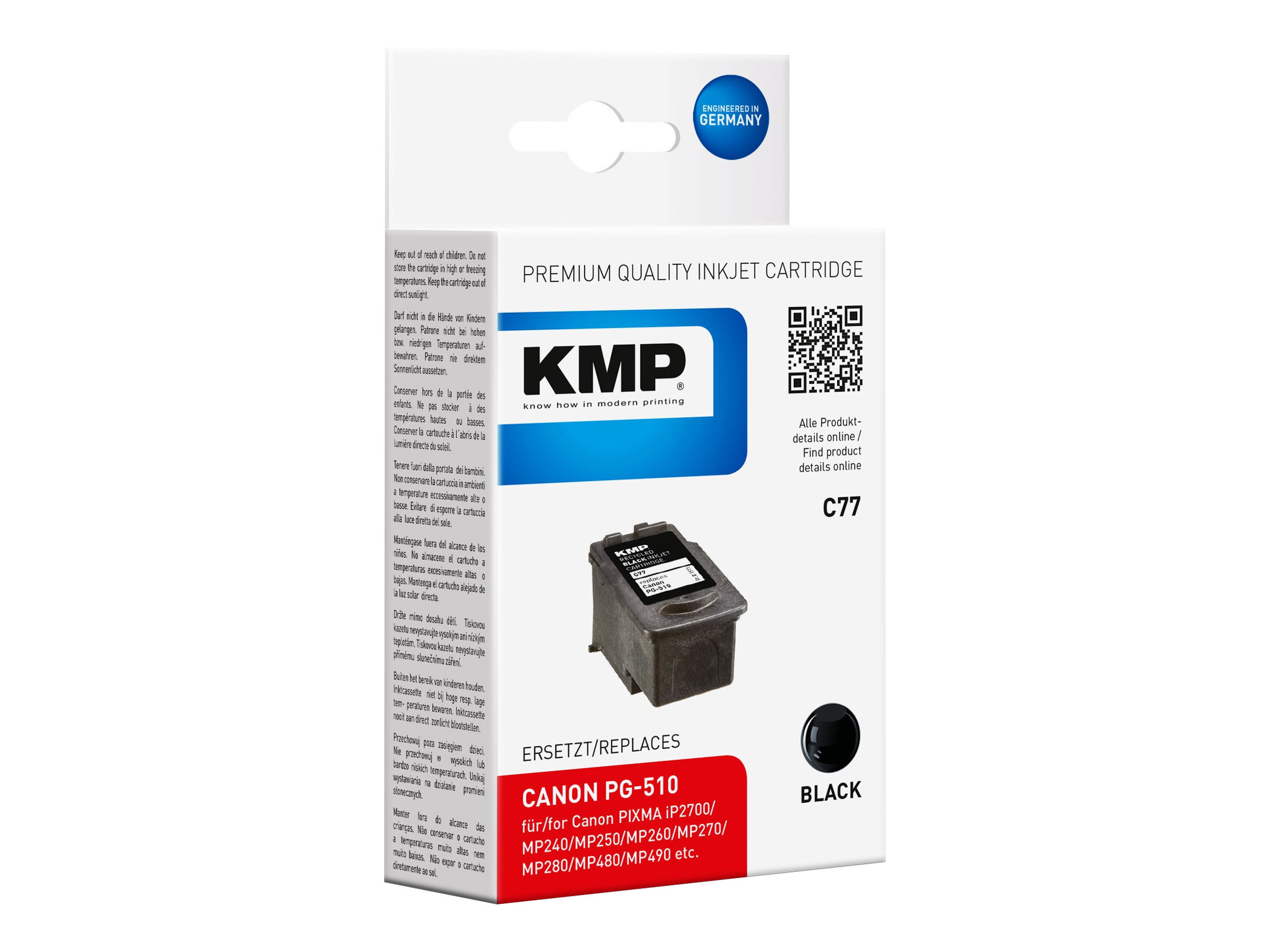 Scatola di cartucce a getto d'inchiostro con cartuccia nera. Marchio KMP, modello C77, compatibile con Canon PG-510.