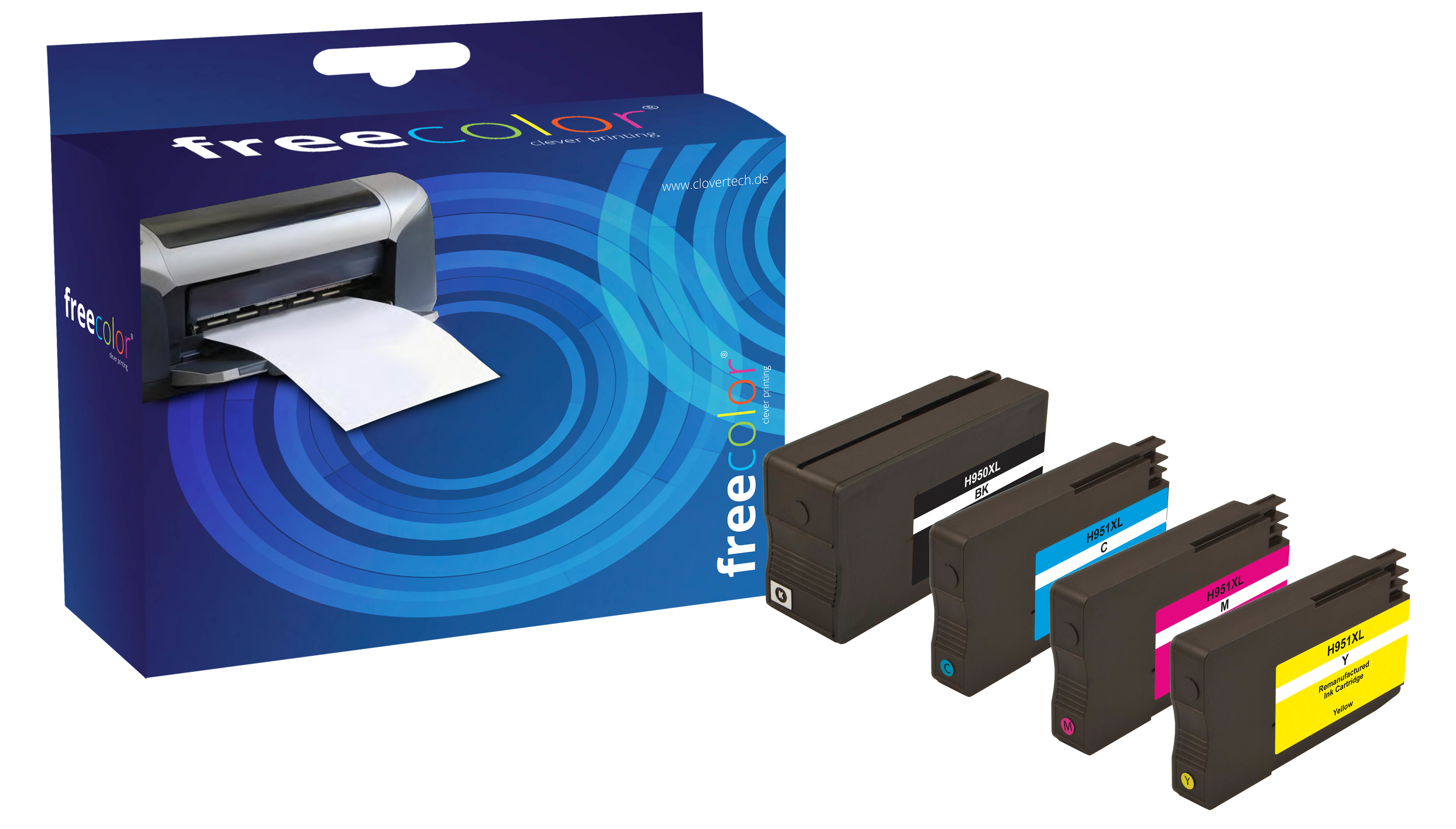 Cartucce d'inchiostro rigenerate Freecolor per Epson. Include cartucce nere, ciano, magenta e gialle.