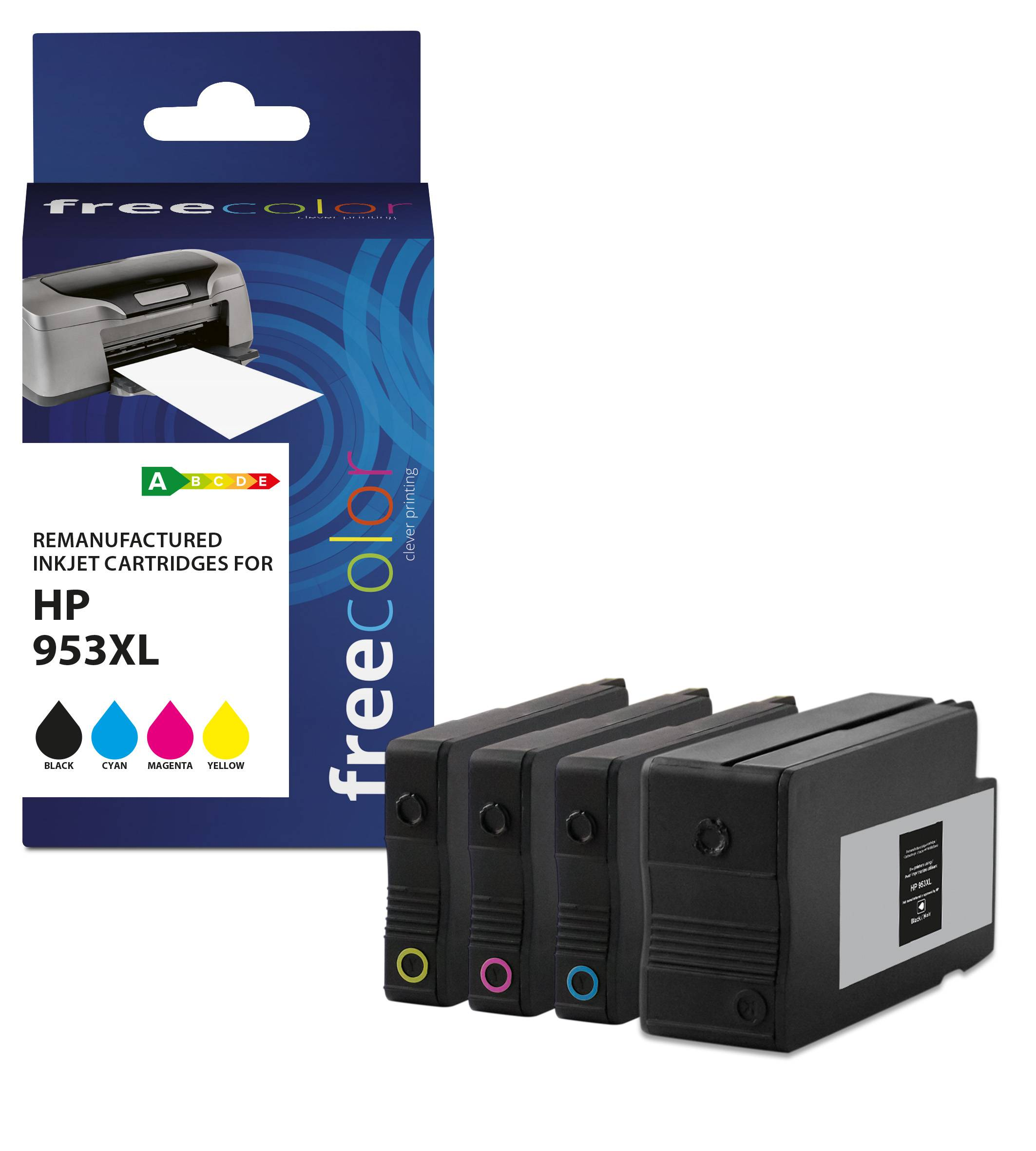 Cartucce a getto d'inchiostro rigenerate Freecolor per HP 953XL. Cartucce nere, ciano, magenta e gialle accanto a una stampante.