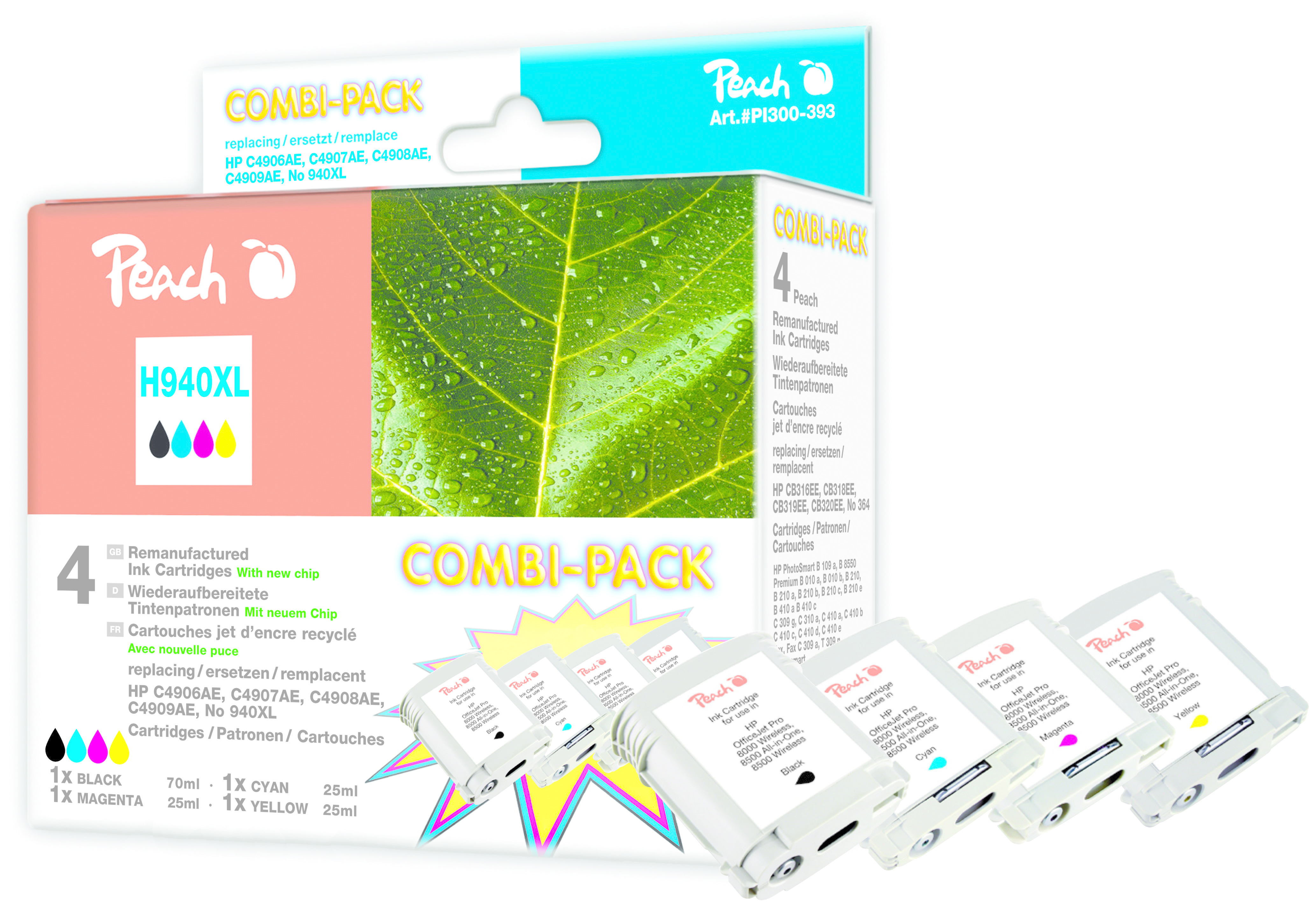 Cartucce d'inchiostro Peach combi-pack con design a foglia. Include cartucce nere, ciano, magenta e gialle.