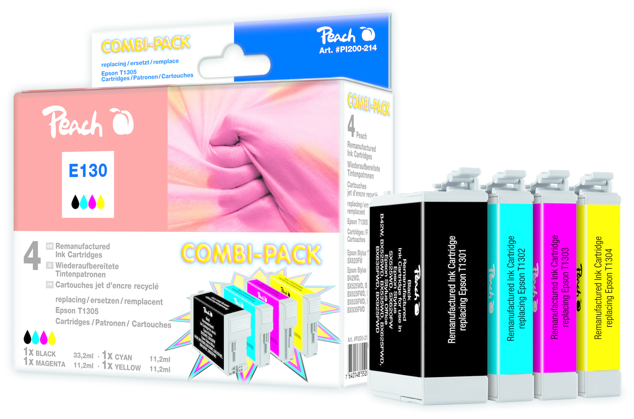 Cartucce d'inchiostro Peach combi-pack. Scatola e cartucce visibili. Contiene nero, ciano, magenta e giallo.