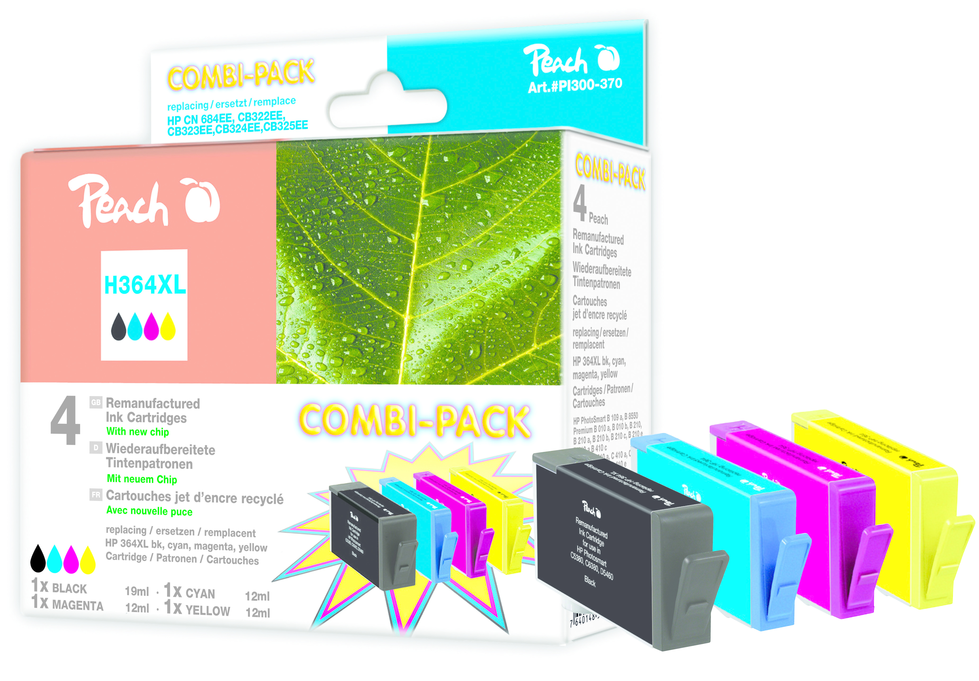 Scatola di cartucce d'inchiostro Peach combi-pack con 4 cartucce. Nero, Ciano, Magenta, Giallo.