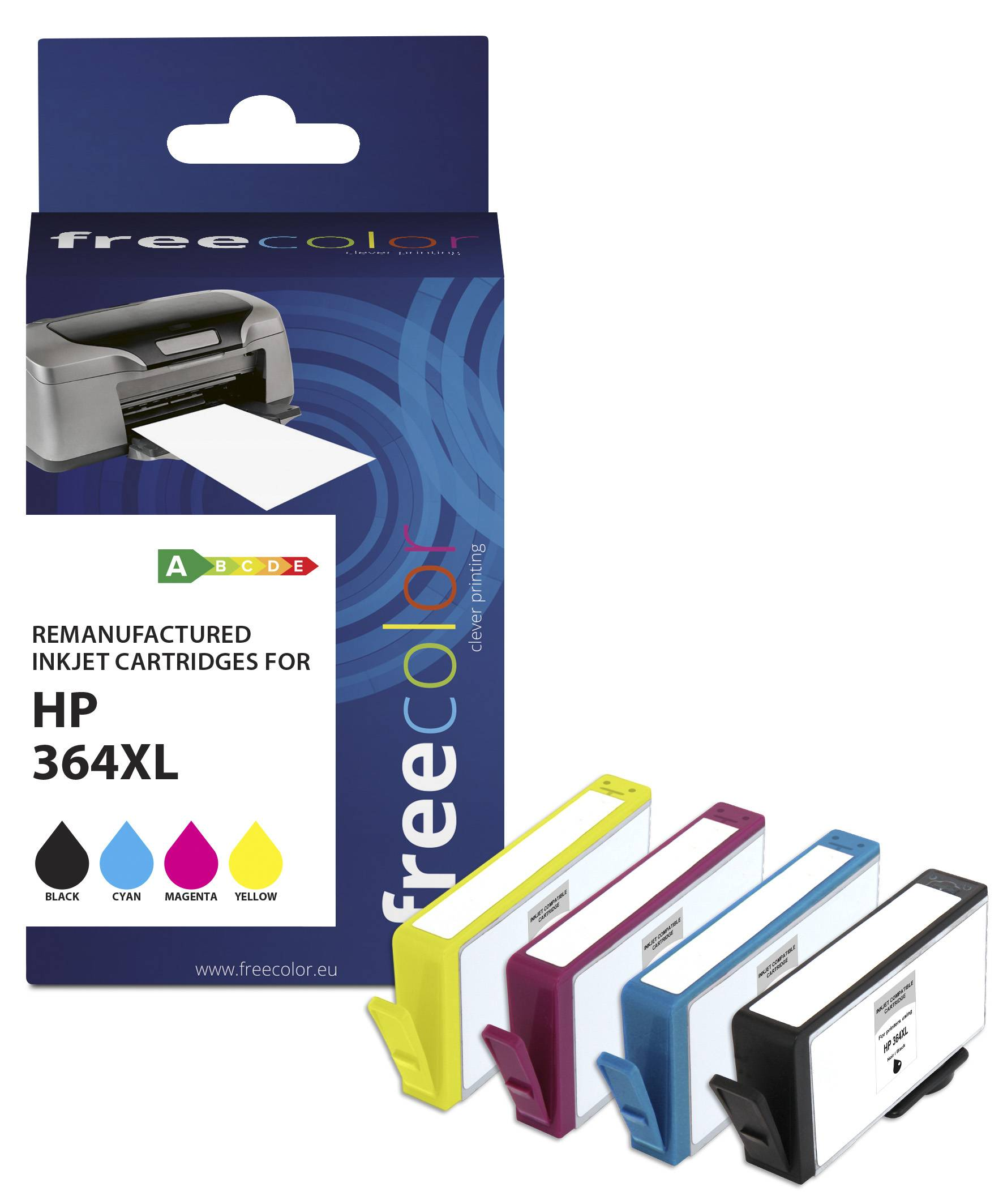 Scatola di cartucce a getto d'inchiostro Freecolor con 4 cartucce. Nero, Ciano, Magenta, Giallo.