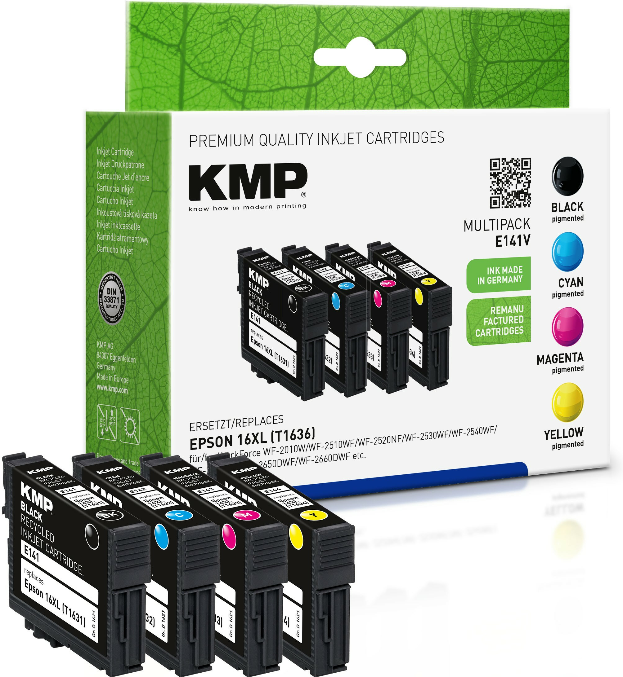 Cartucce d'inchiostro KMP di qualità premium per Epson. Include cartucce nere, ciano, magenta e gialle.