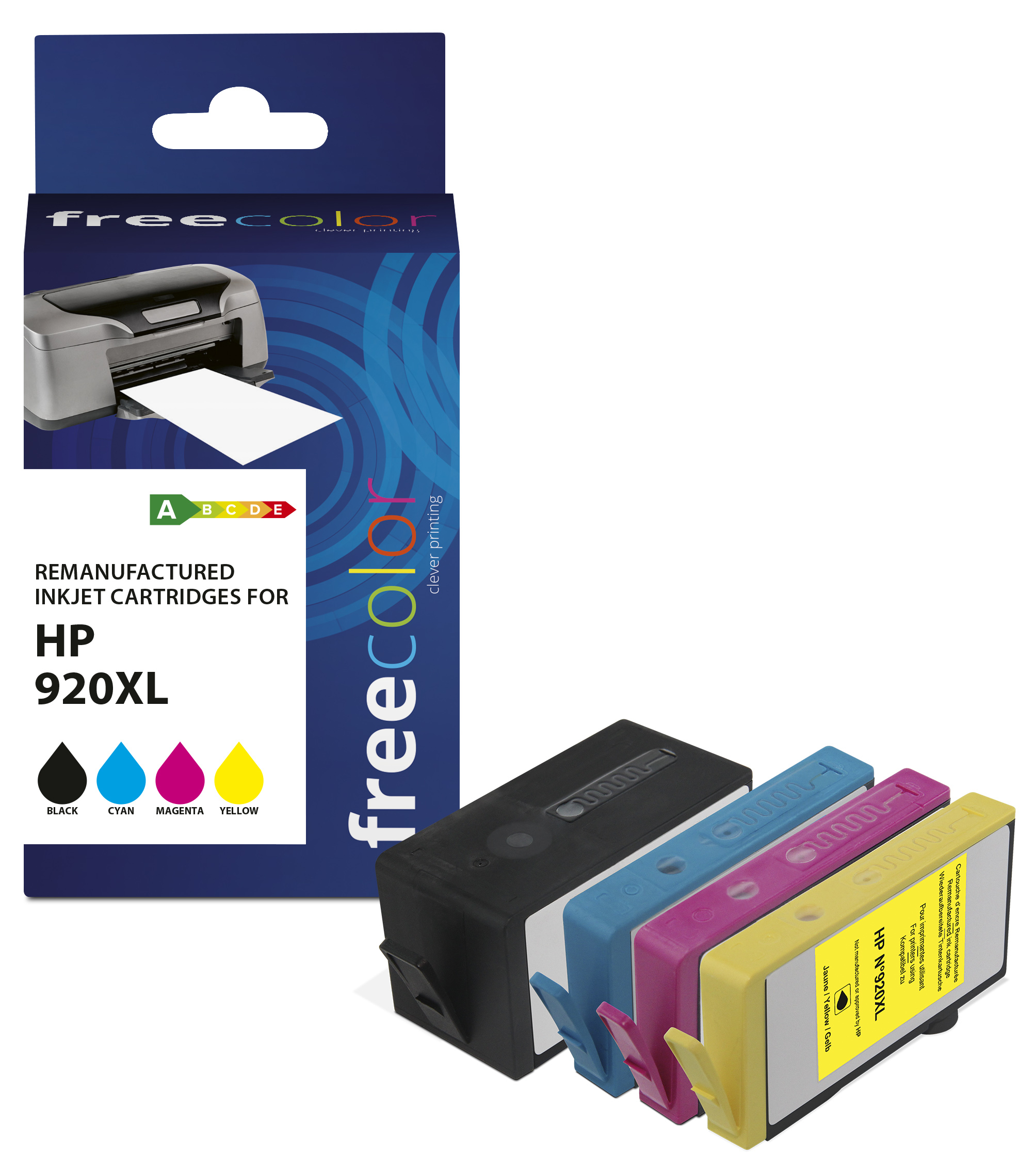 Cartucce d'inchiostro rigenerate Freecolor per HP. Nero, ciano, magenta e giallo sono visibili.