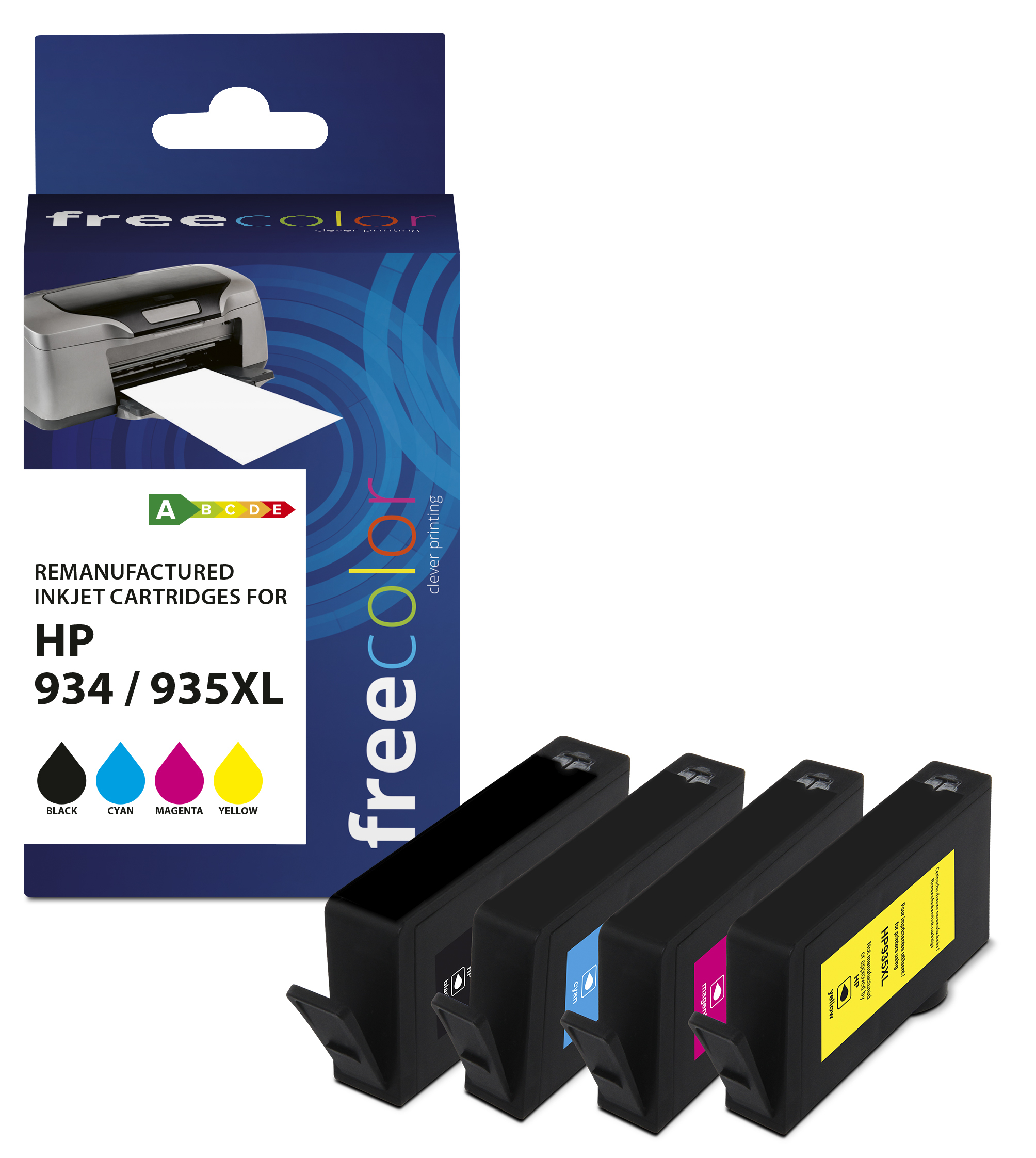 Scatola di cartucce a getto d'inchiostro Freecolor con 4 cartucce. Nero, Ciano, Magenta, Giallo.
