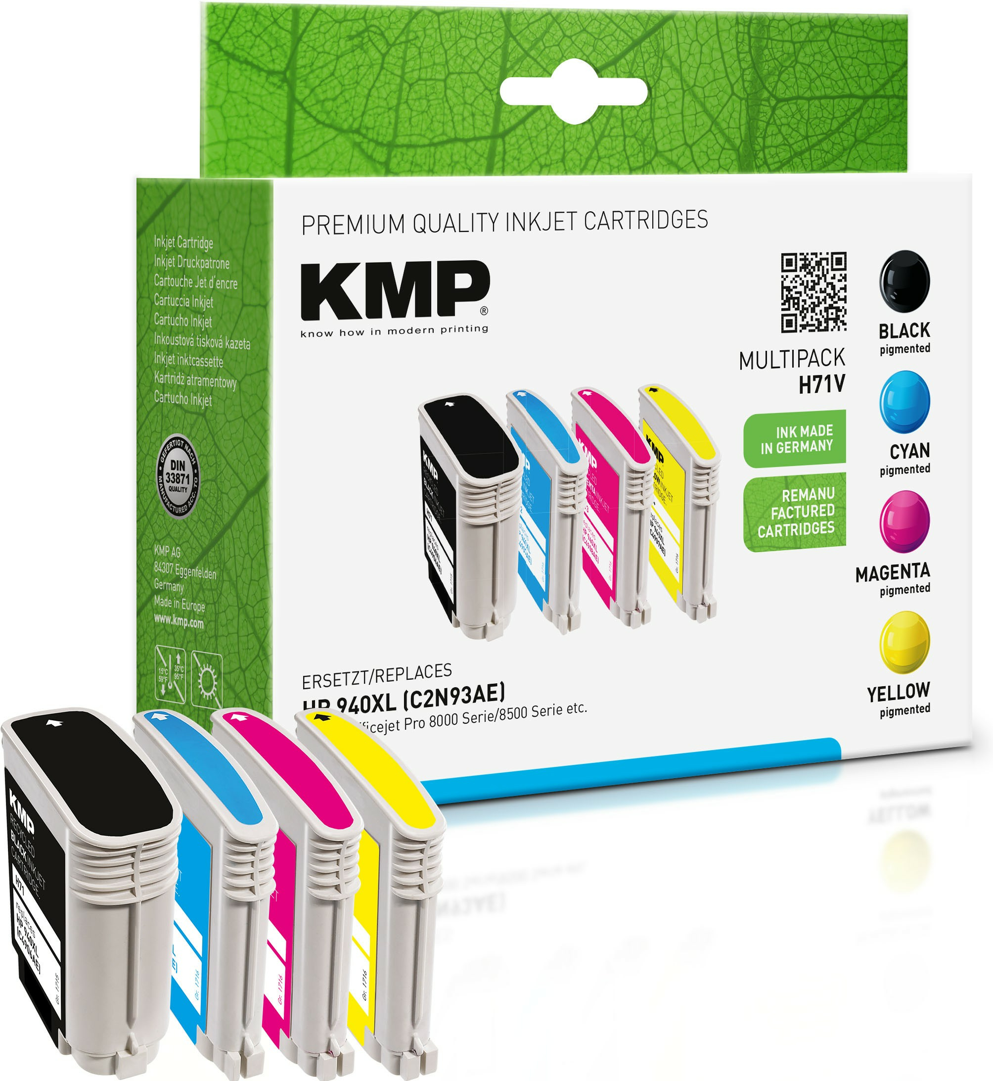 Cartucce d'inchiostro KMP di qualità premium in una scatola. Nero, ciano, magenta e giallo sono all'interno.