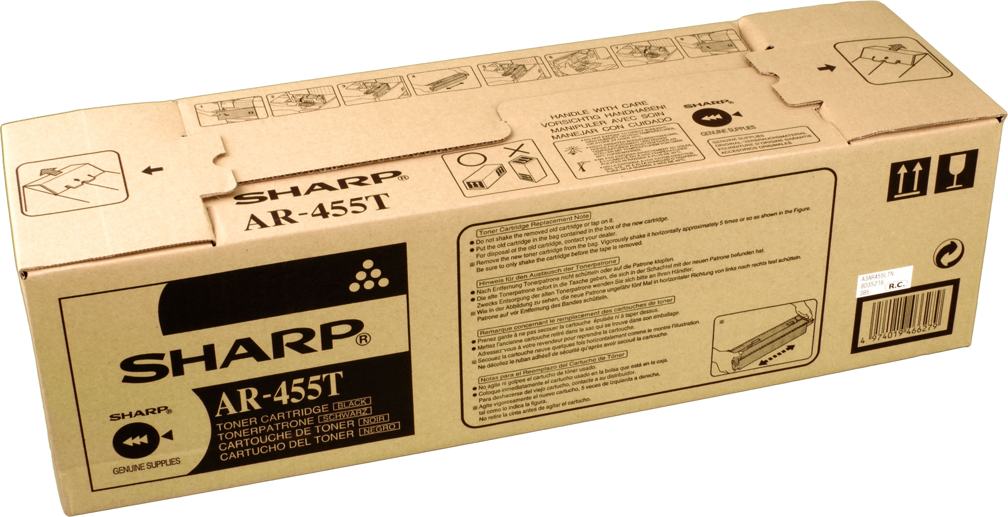 Scatola di cartone grande, cartuccia toner Sharp AR-455T. Sfondo bianco.