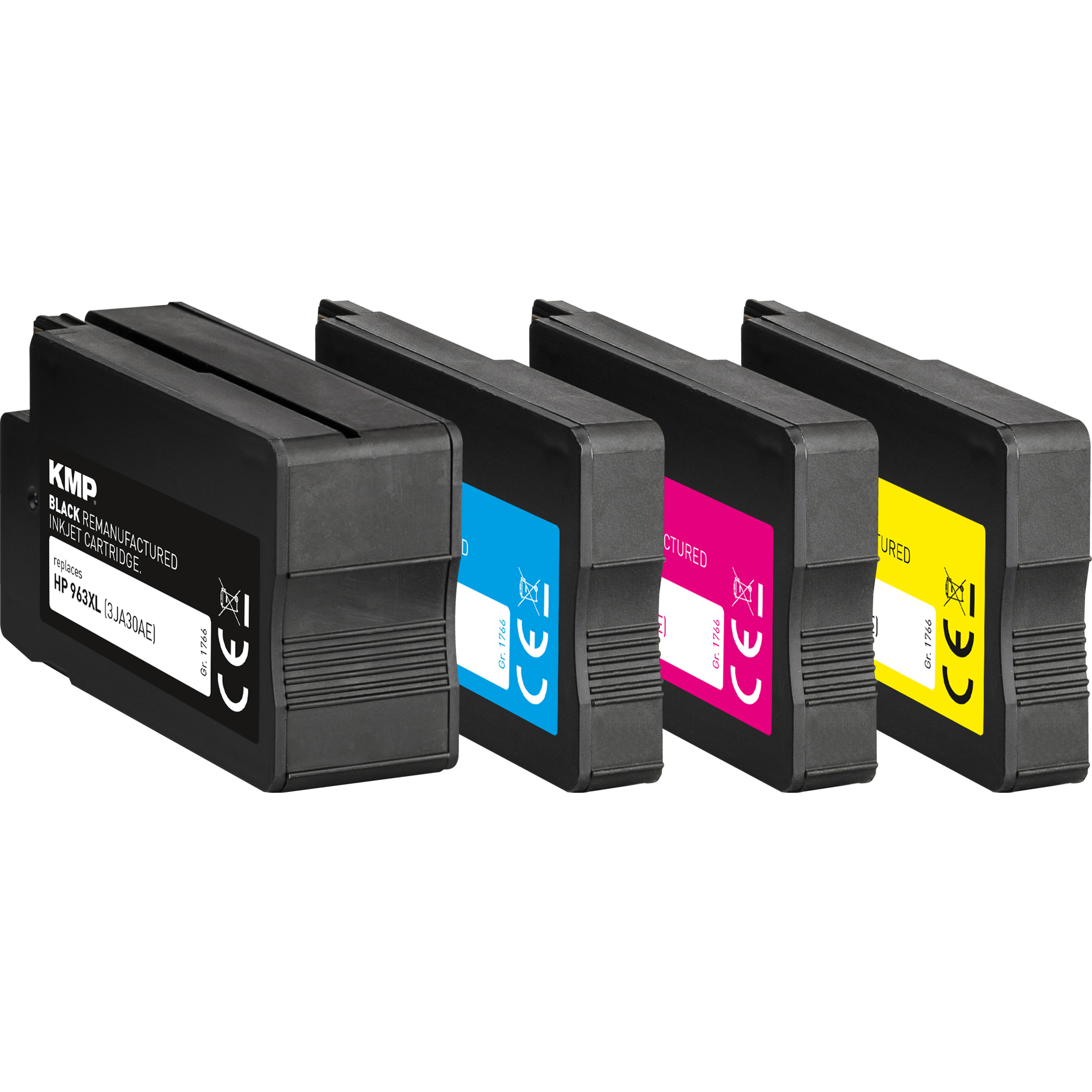 Cartucce a getto d'inchiostro: nero, ciano, magenta, giallo. Sfondo bianco.