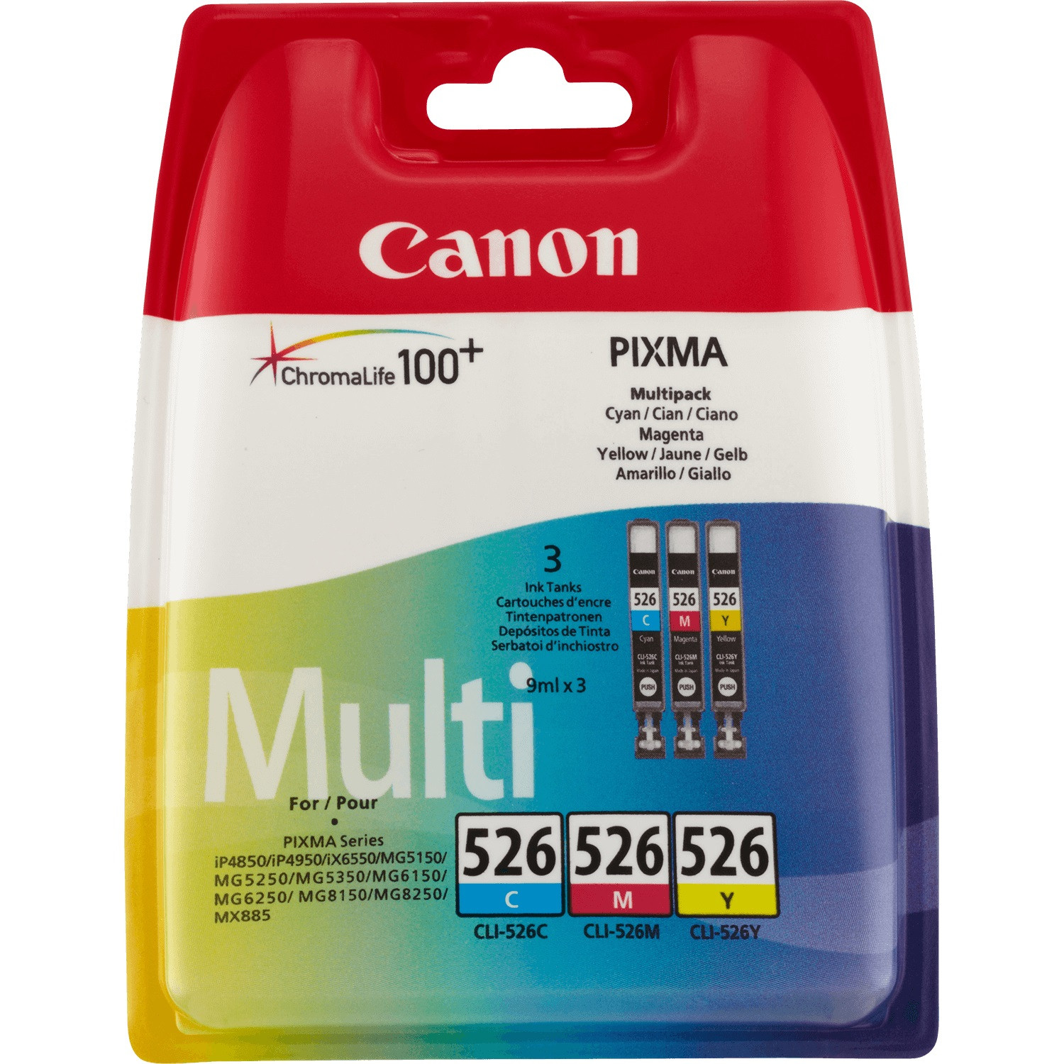 Cartucce d'inchiostro Canon multipack: ciano, magenta, giallo. Imballaggio rosso, bianco e giallo.
