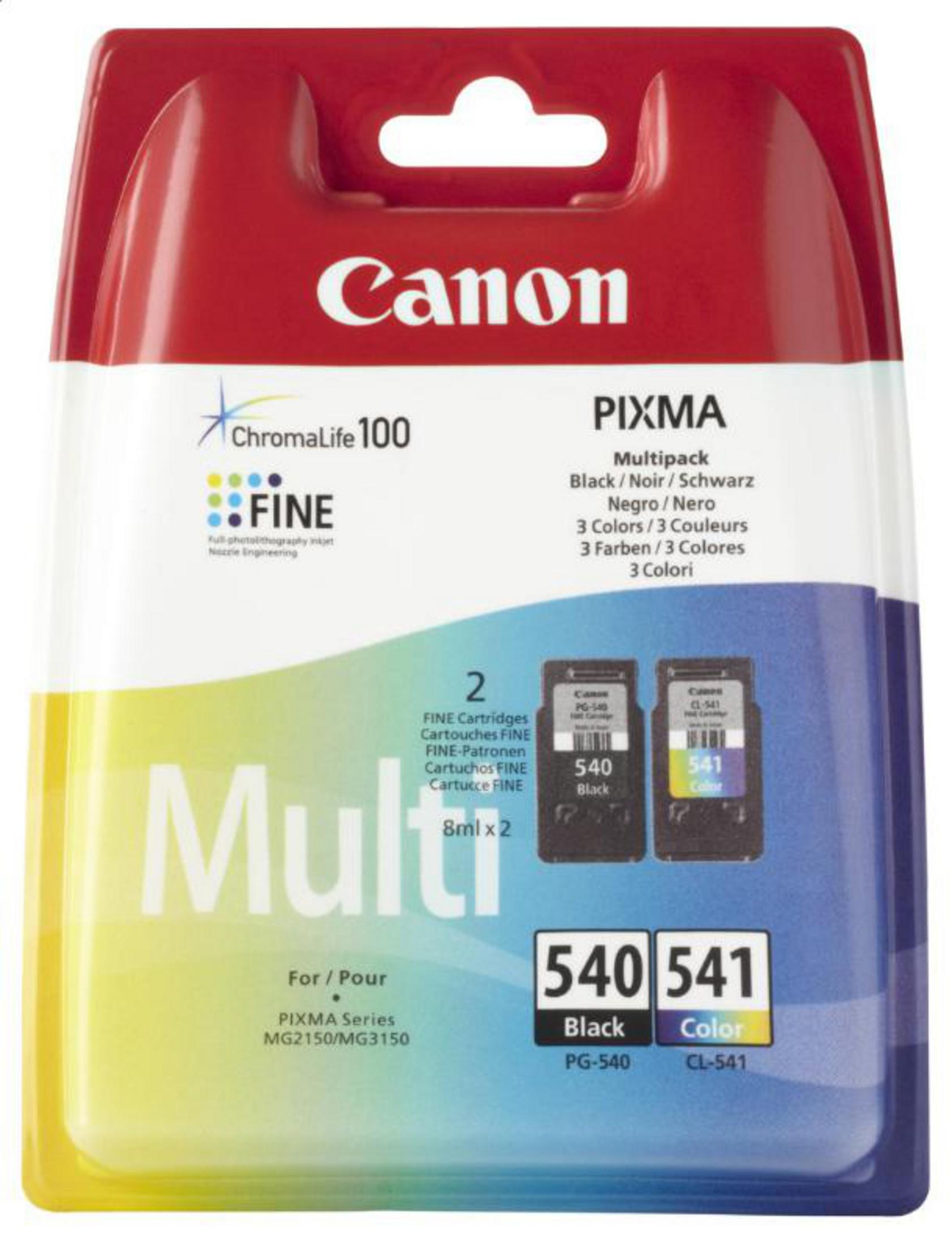 Un multipack di cartucce d'inchiostro Canon PIXMA in una confezione di plastica rossa e trasparente. Mostra cartucce nere e a colori.