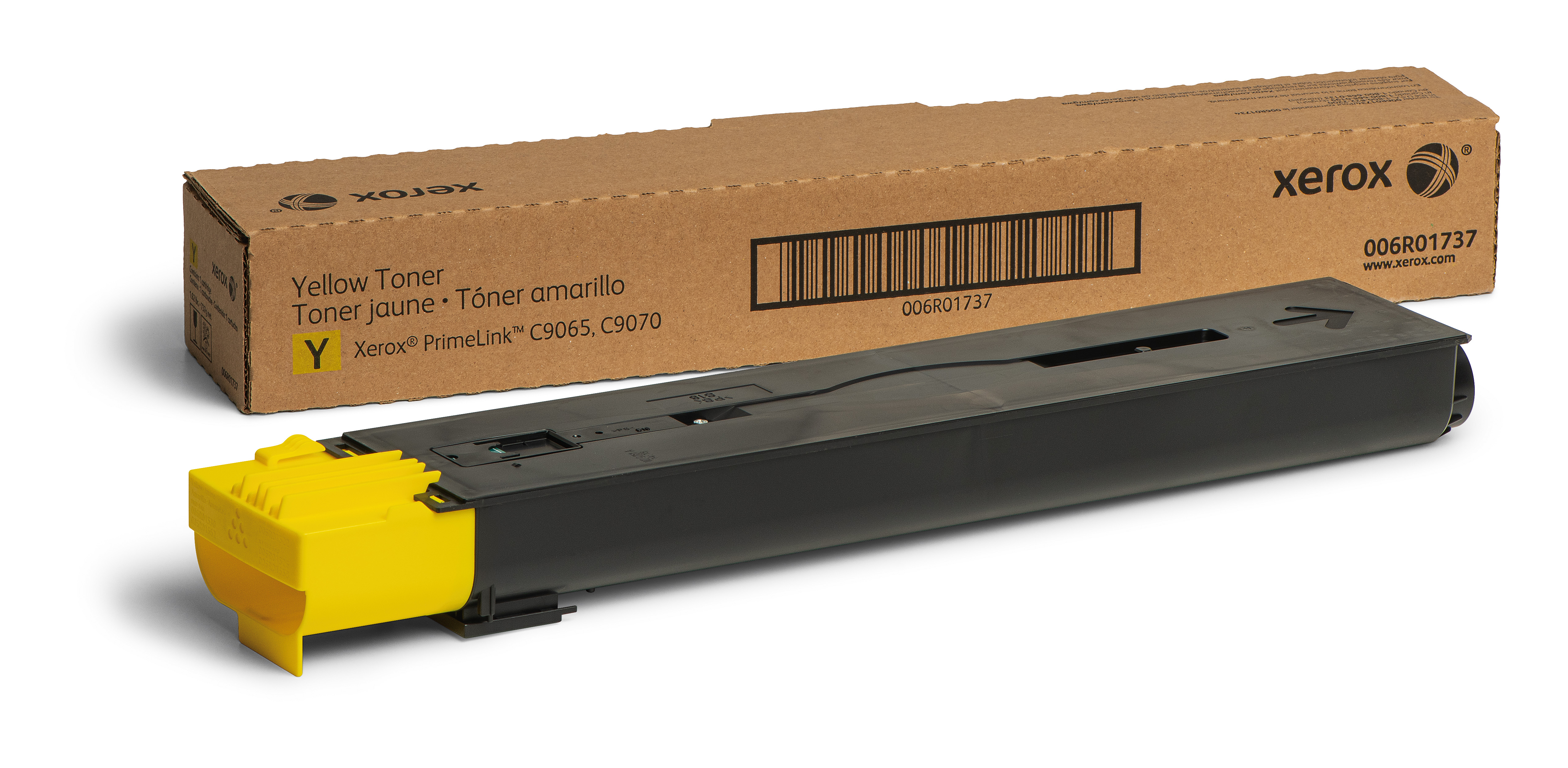 Una cartuccia toner gialla Xerox e una scatola, con nero e giallo. La cartuccia toner è a destra.
