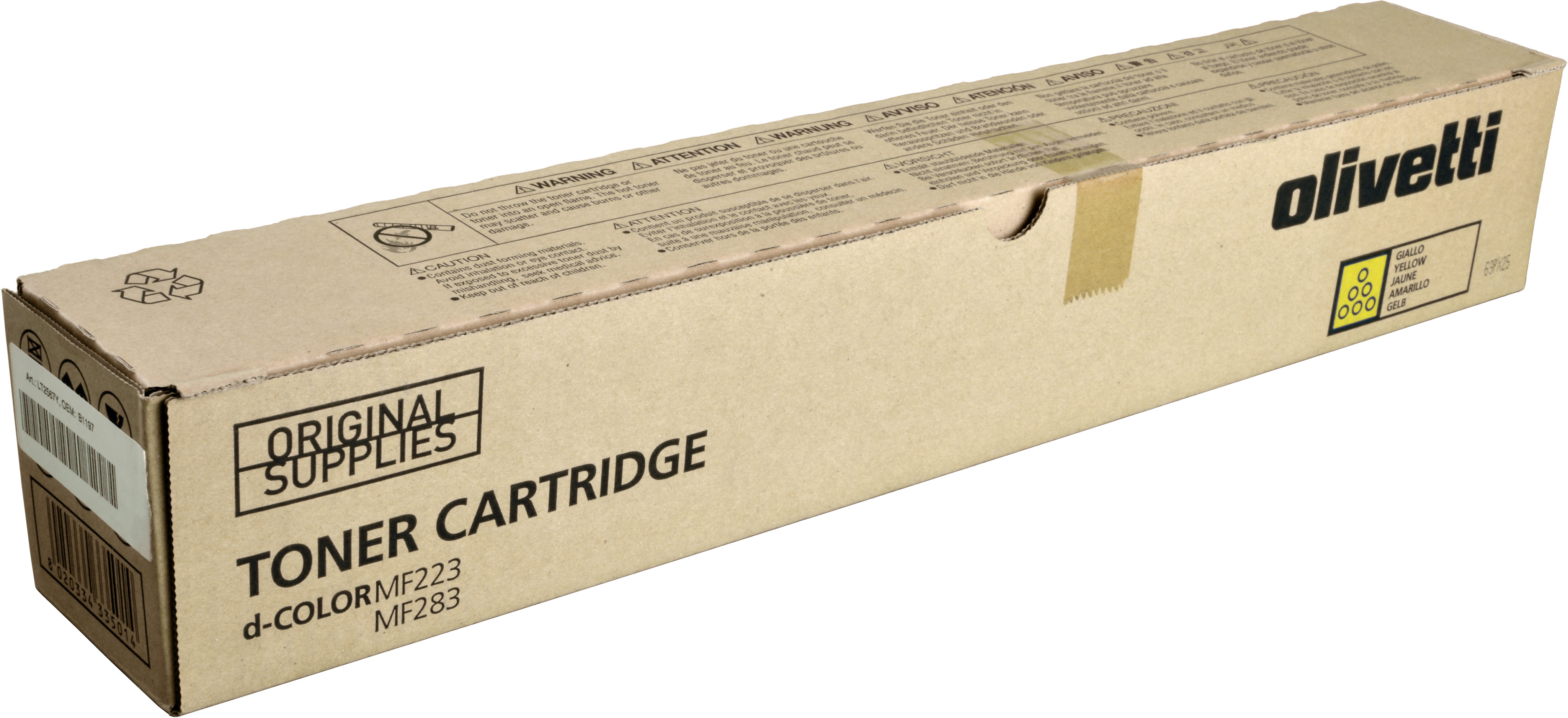 Una scatola di cartucce toner Olivetti, marrone, con il logo Olivetti e dettagli. La scatola è rettangolare.