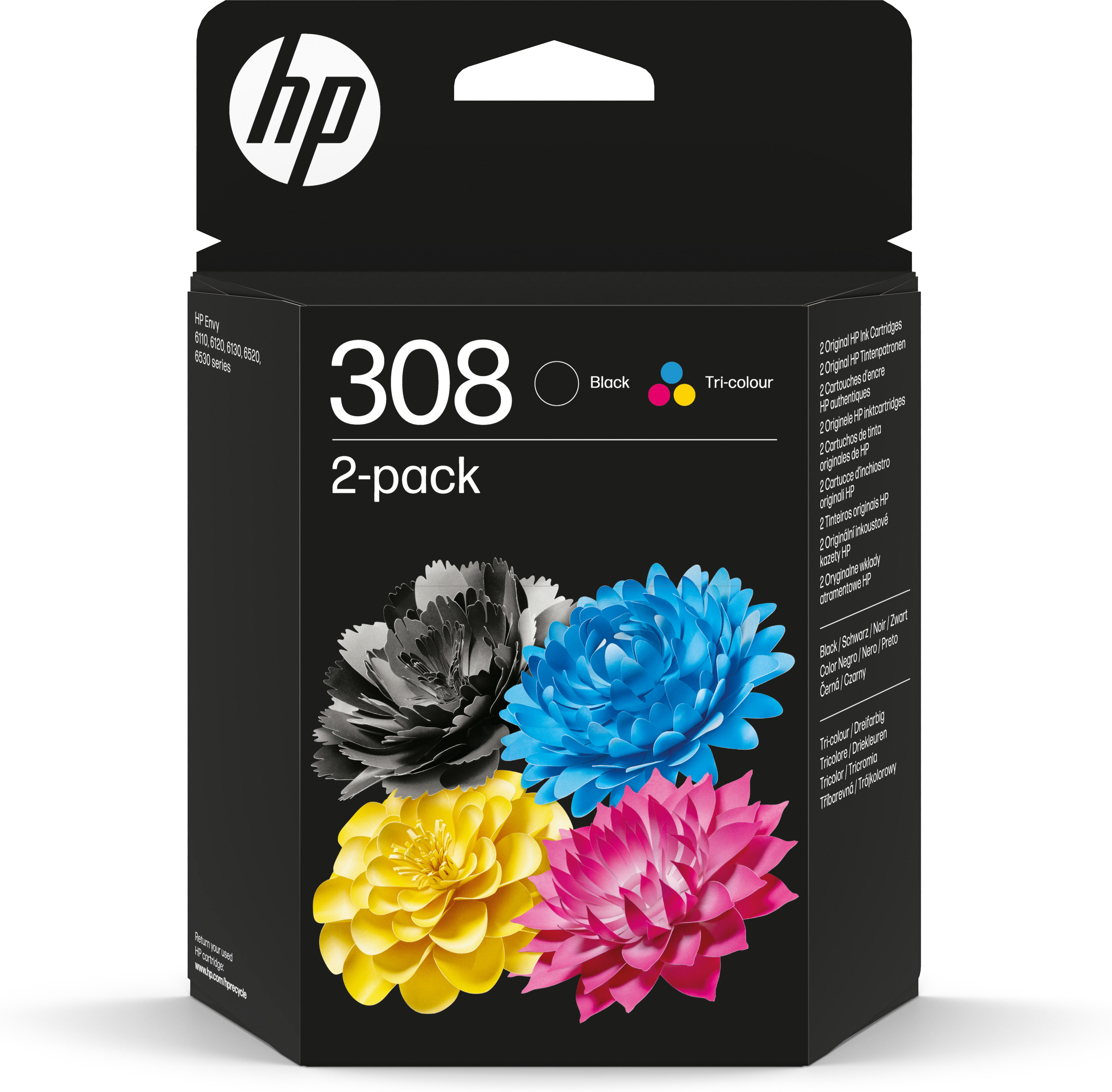 Een HP inktcartridge verpakking met een zwarte achtergrond en kleurrijke bloemmotieven op de voorkant.