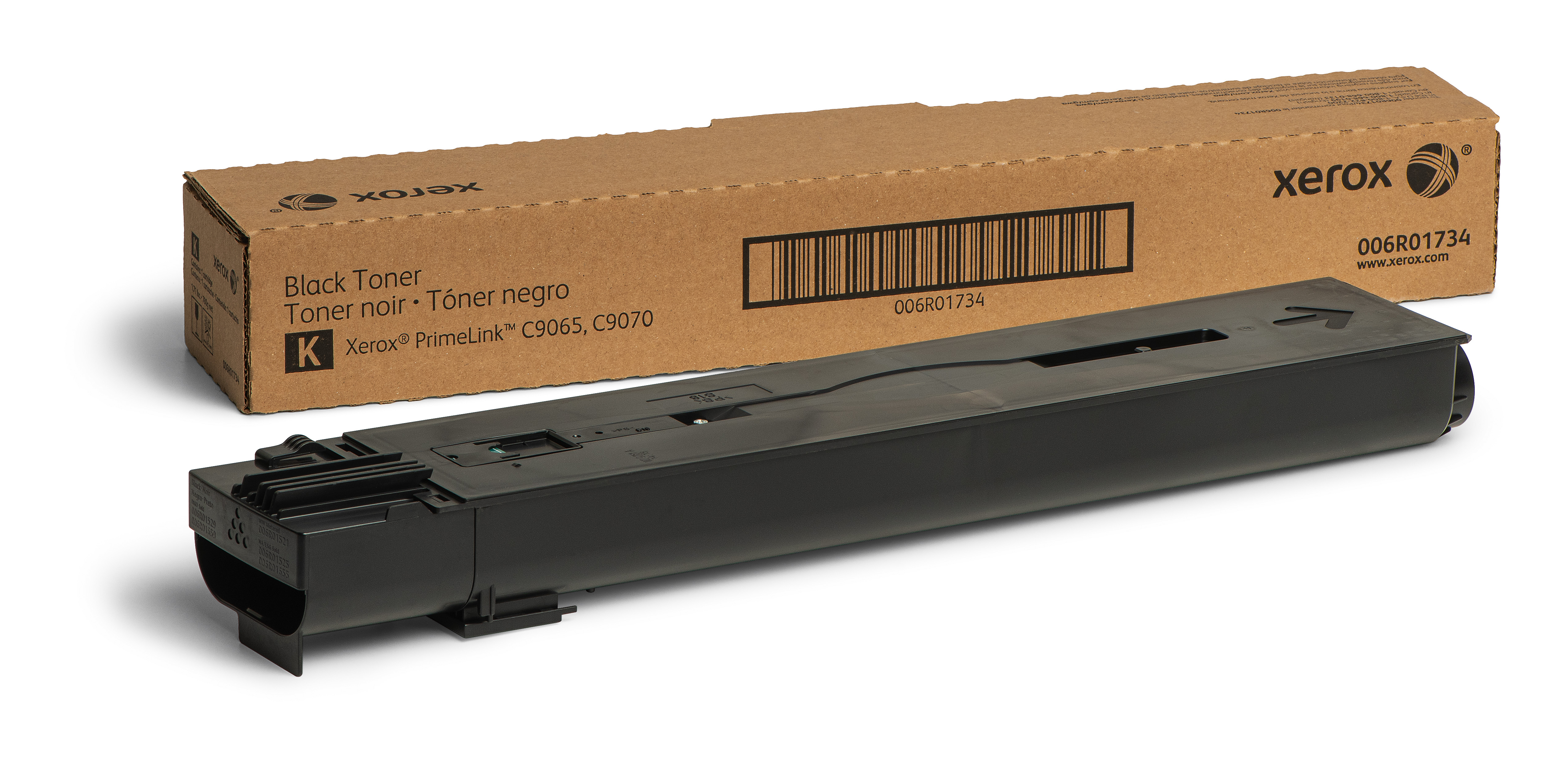 Cartuccia toner per stampante nera e una scatola con testo. Sfondo bianco.