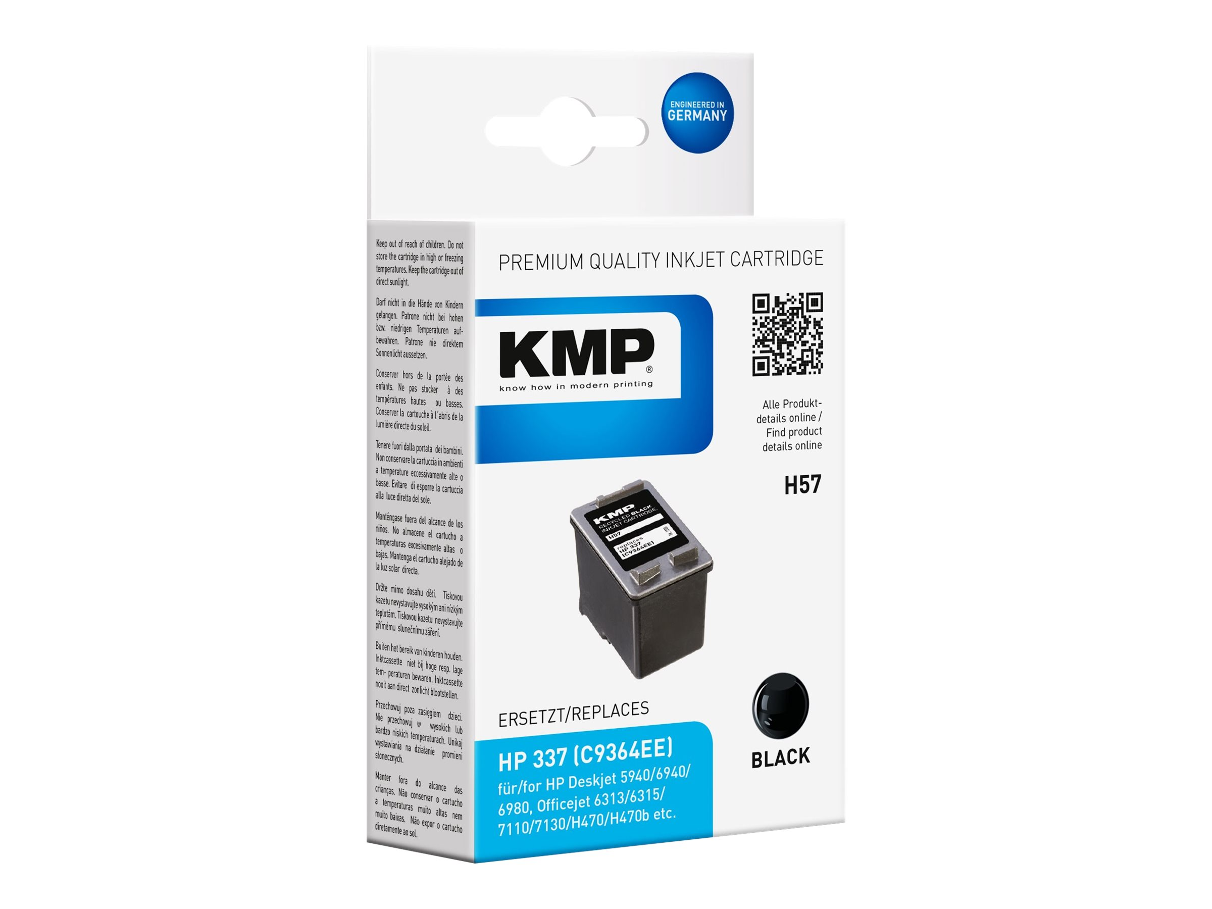 Cartuccia d'inchiostro KMP in una scatola, con testo e logo. Cartuccia nera a fuoco.
