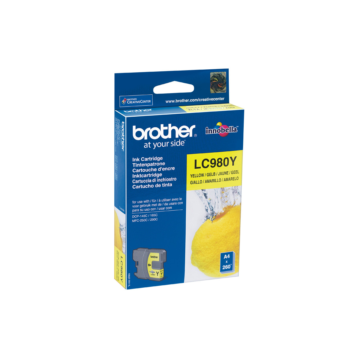 Scatola cartuccia d'inchiostro Brother, con testo e logo. Inchiostro giallo visibile.