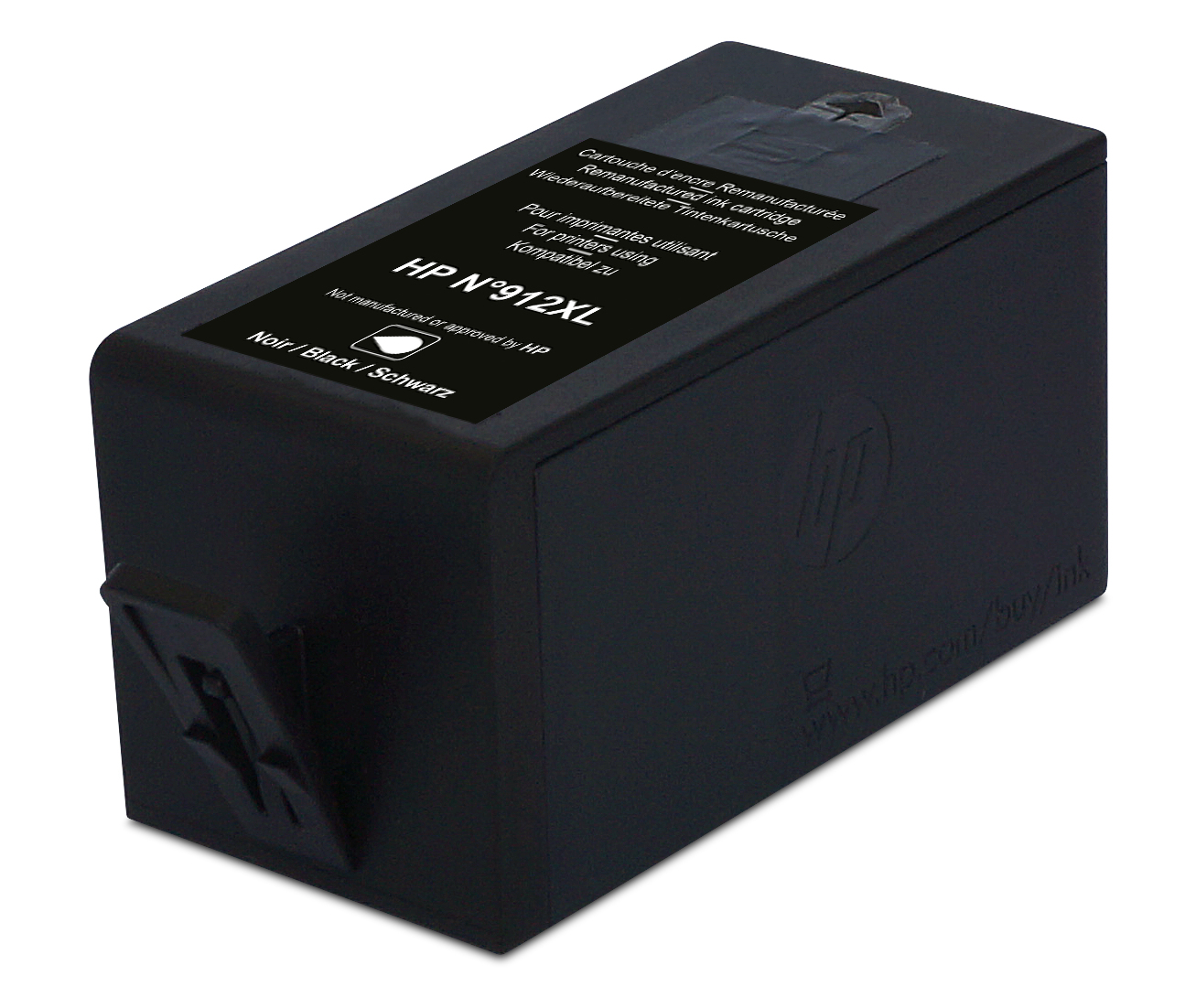 Una cartuccia di inchiostro nera con etichetta visibile. Ha le parole 'HP' e 'N912XL' stampate.