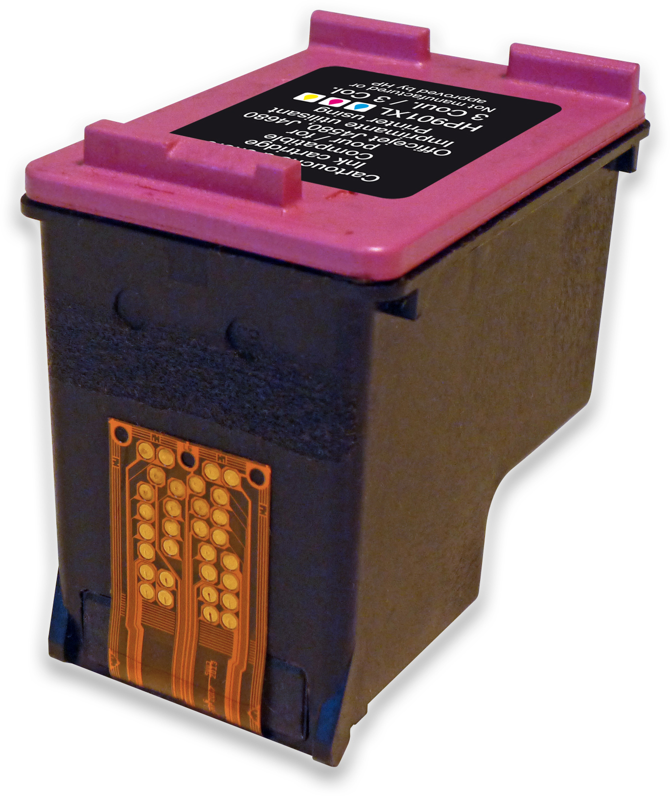 Primo piano di una cartuccia d'inchiostro. Ha un coperchio rosa e un corpo nero. Ci sono componenti elettronici.