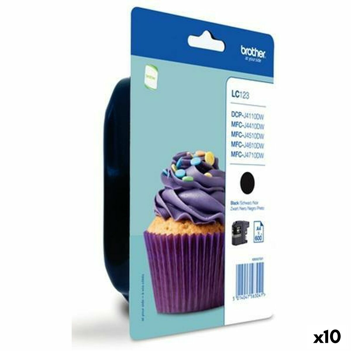 Confezione di cartucce d'inchiostro con immagine di cupcake. La cartuccia è nera e il cupcake ha glassa viola.