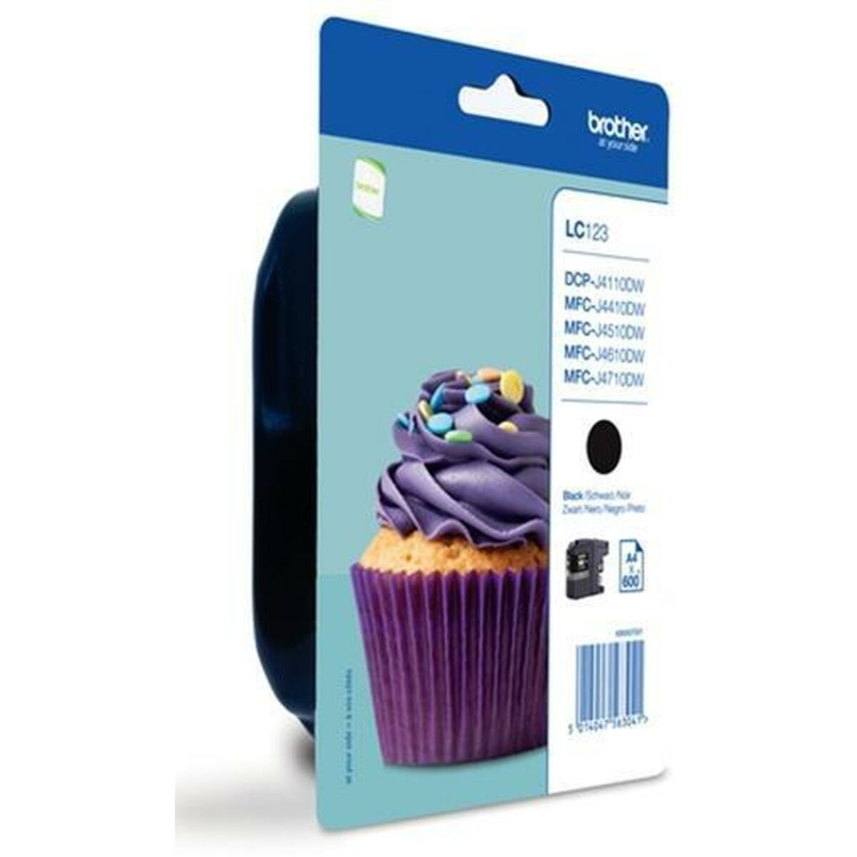 Confezione di cartucce d'inchiostro con immagine di cupcake. La cartuccia è nera e il cupcake ha glassa viola.