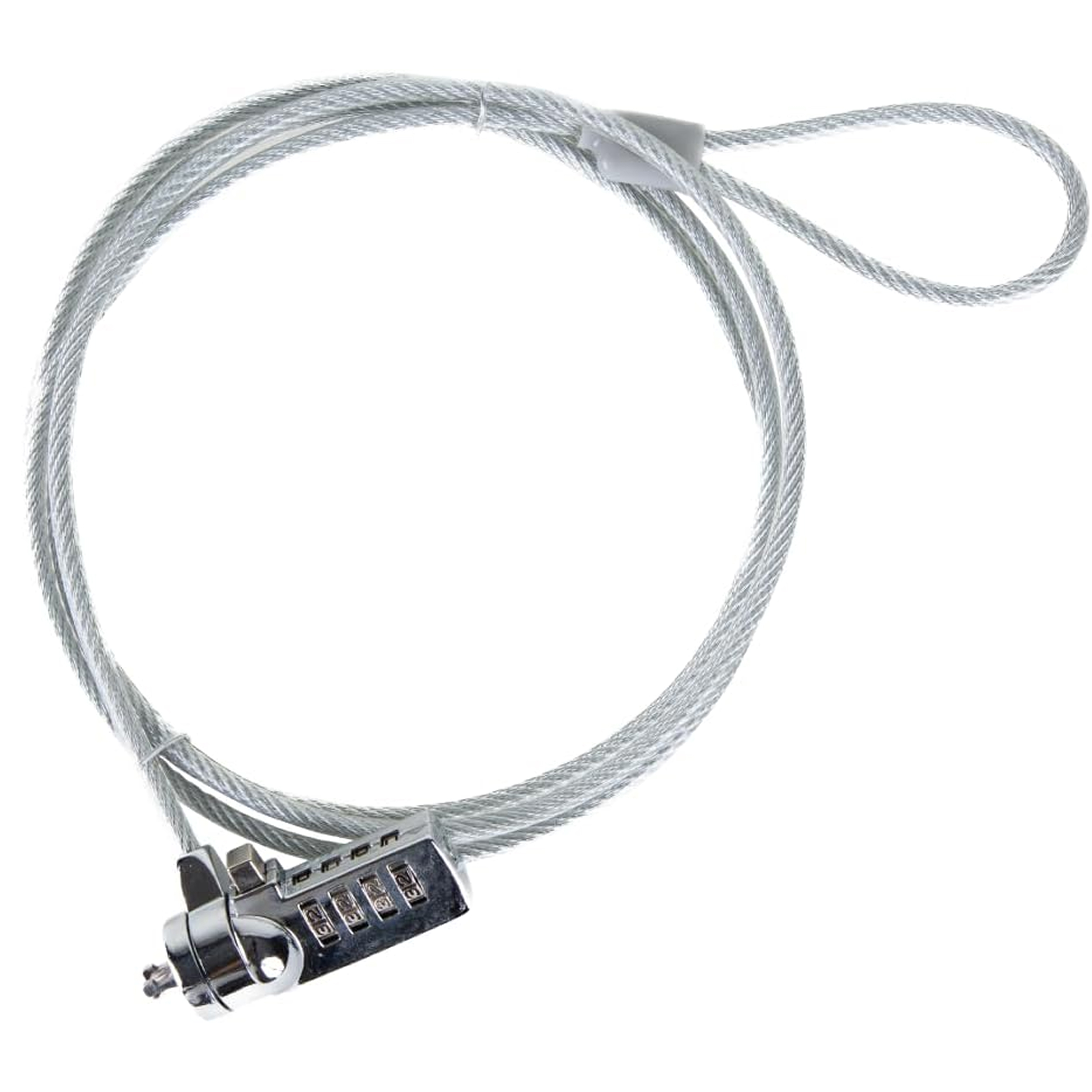 Un cable plateado con un candado de combinación. El candado tiene números. El cable tiene un bucle.
