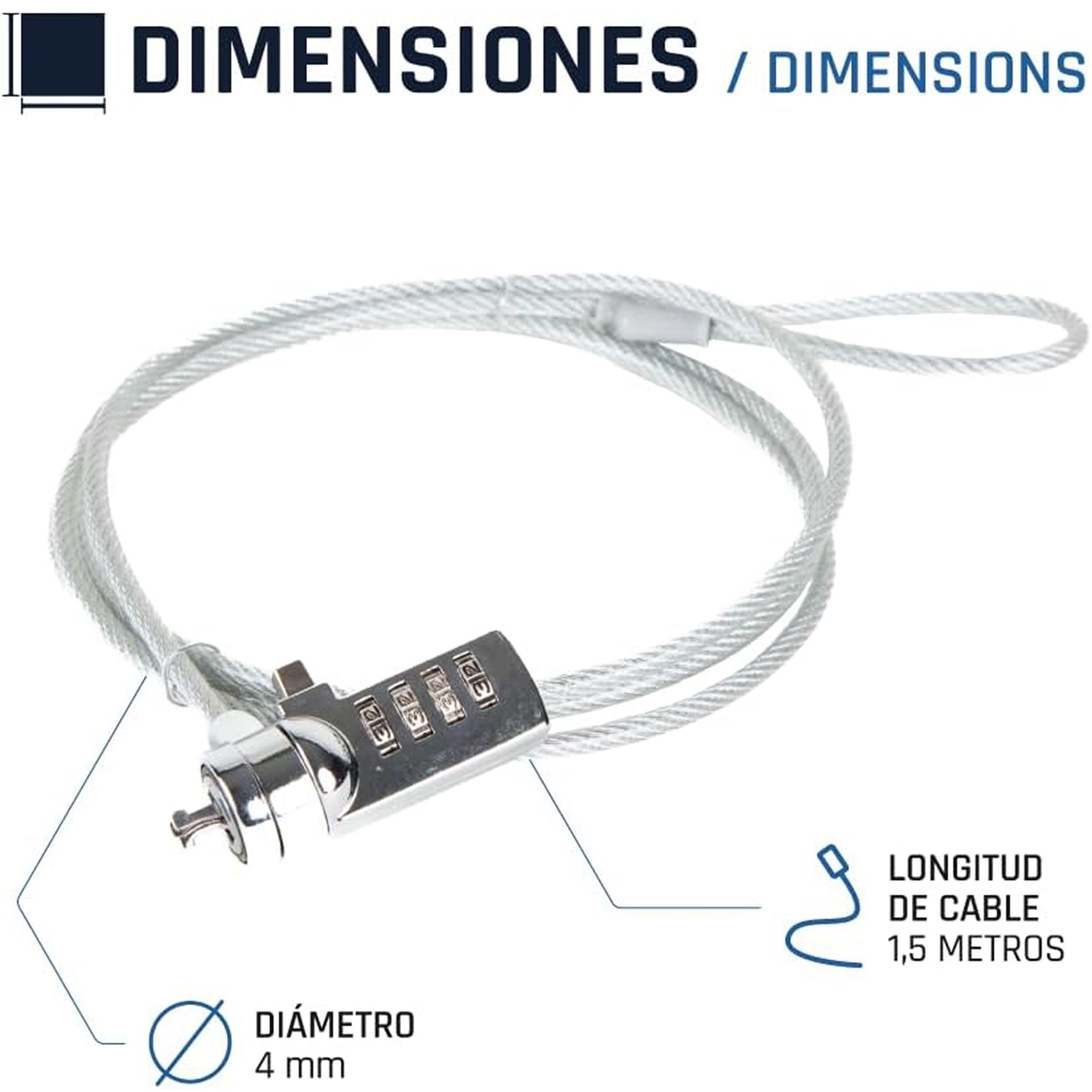 Cable plateado con cerradura de combinación. El cable está en bucle y la cerradura tiene diales numéricos.