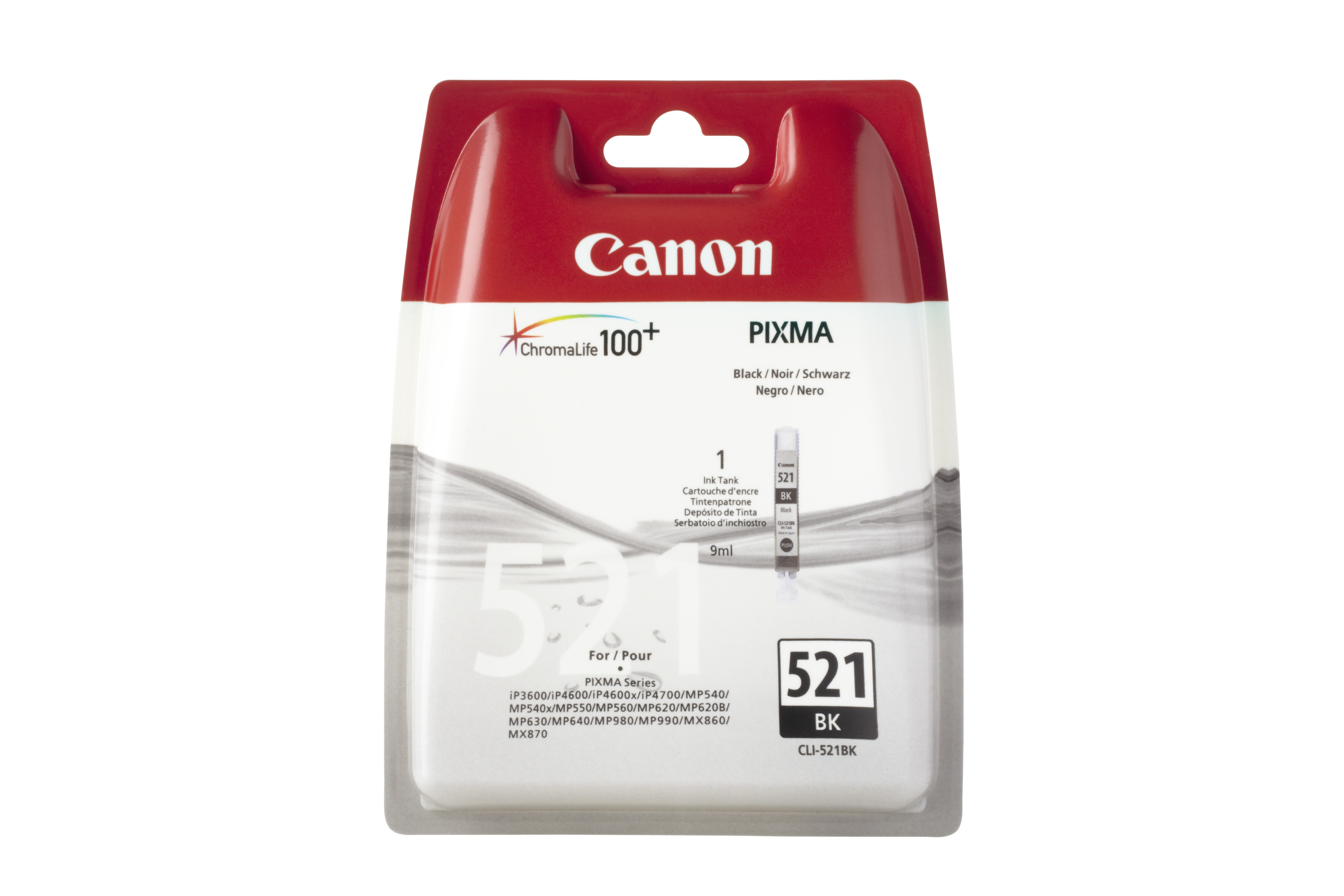 Una confezione di cartucce d'inchiostro Canon è su una superficie bianca. È bianca e rossa, con inchiostro nero visibile.