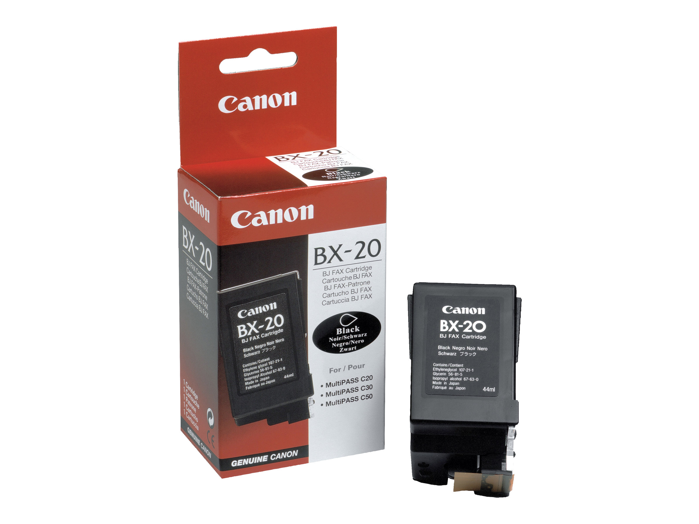 Set cartucce Canon BX-20 BJ FAX, con scatola e cartuccia. La scatola è rossa e nera.