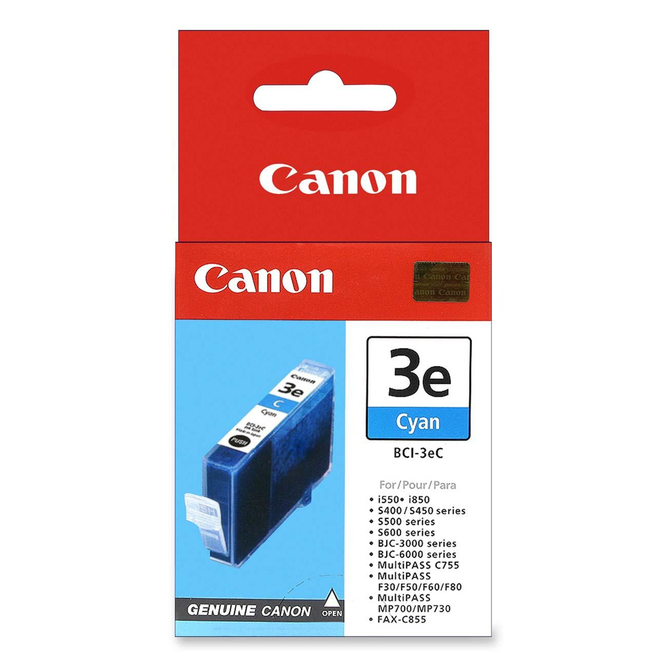 Una scatola di cartucce d'inchiostro Canon rossa e bianca con una cartuccia d'inchiostro blu all'interno. La scatola ha il logo Canon.