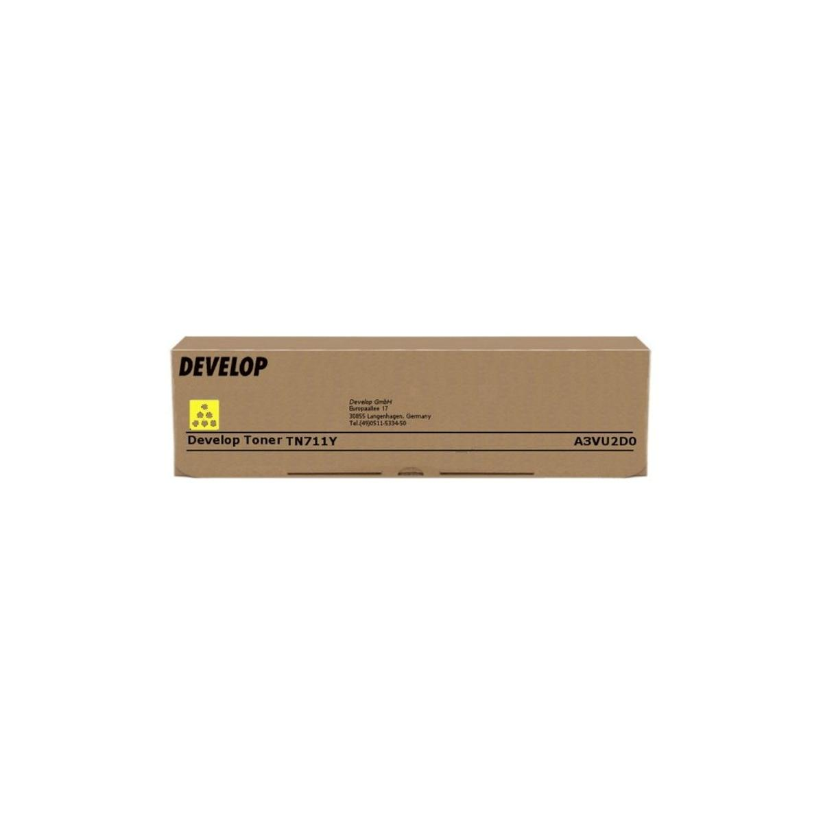 Una scatola marrone con 'DEVELOP' stampato sopra. La scatola contiene un toner Develop TN711Y.