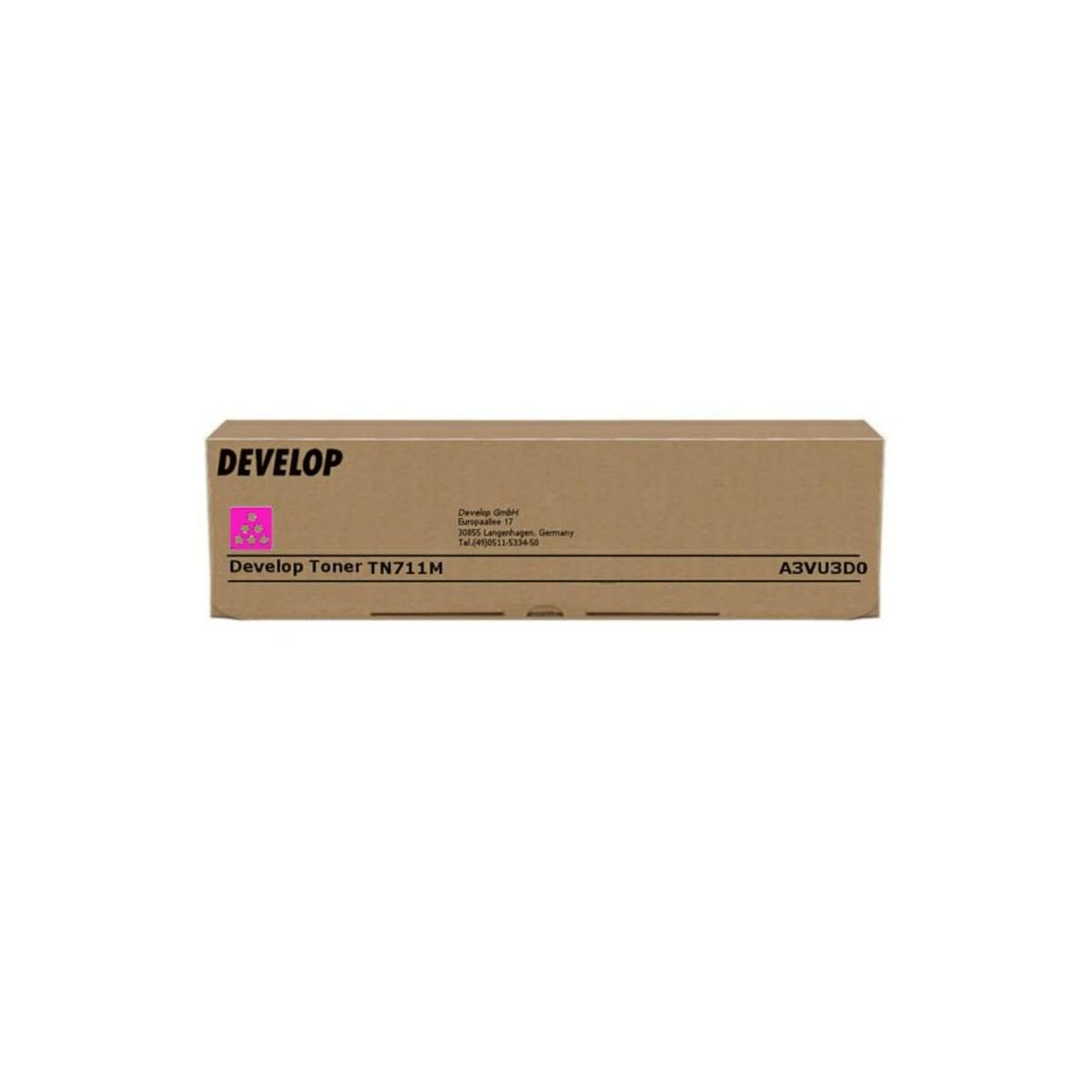 Una scatola di toner Develop marrone con testo Develop e TN711M su sfondo bianco.