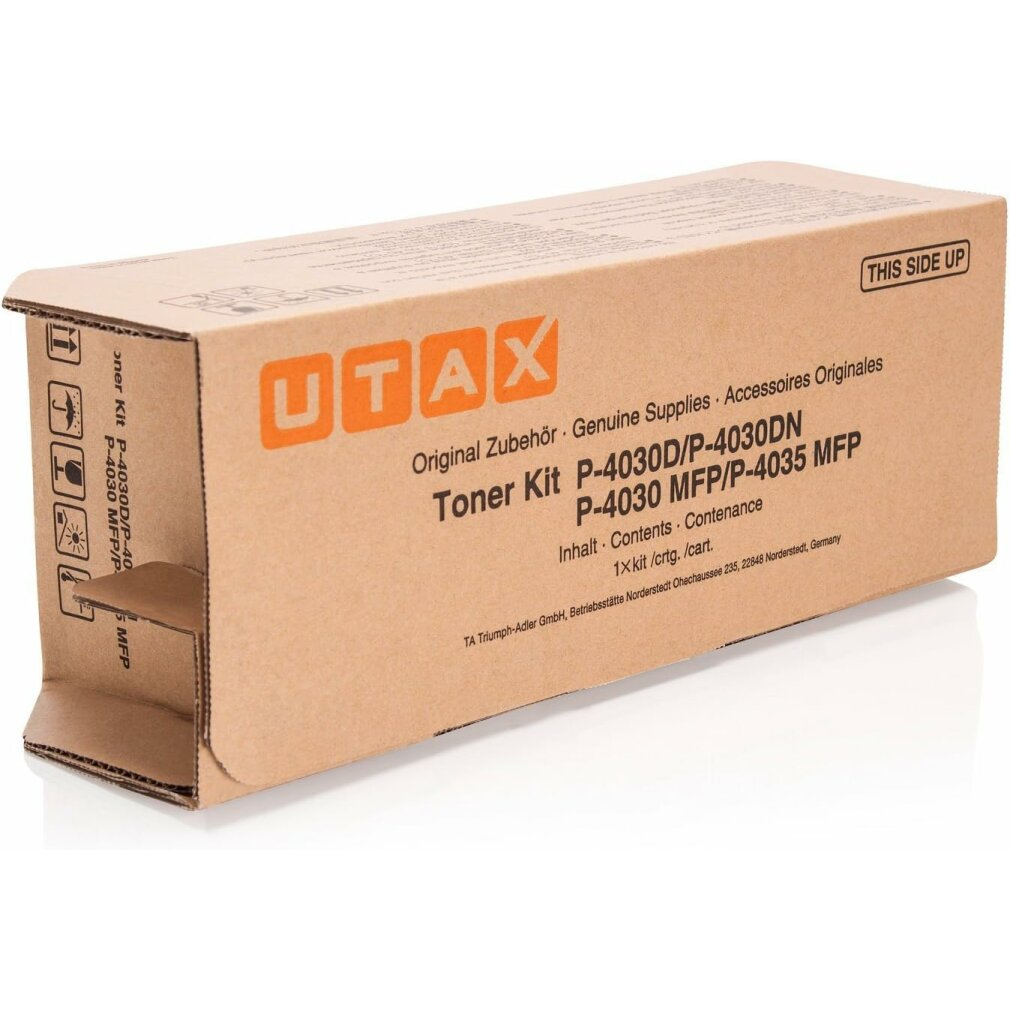 Een bruine doos met 'UTAX Toner Kit' erop gedrukt. Het heeft een 'This Side Up' label.